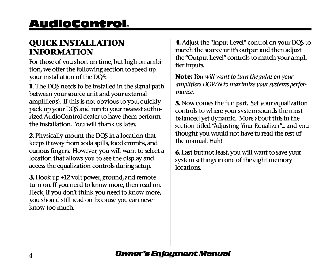 AudioControl DQS manual AudioControl, Quick Installation Information, Owner’s Enjoyment Manual 