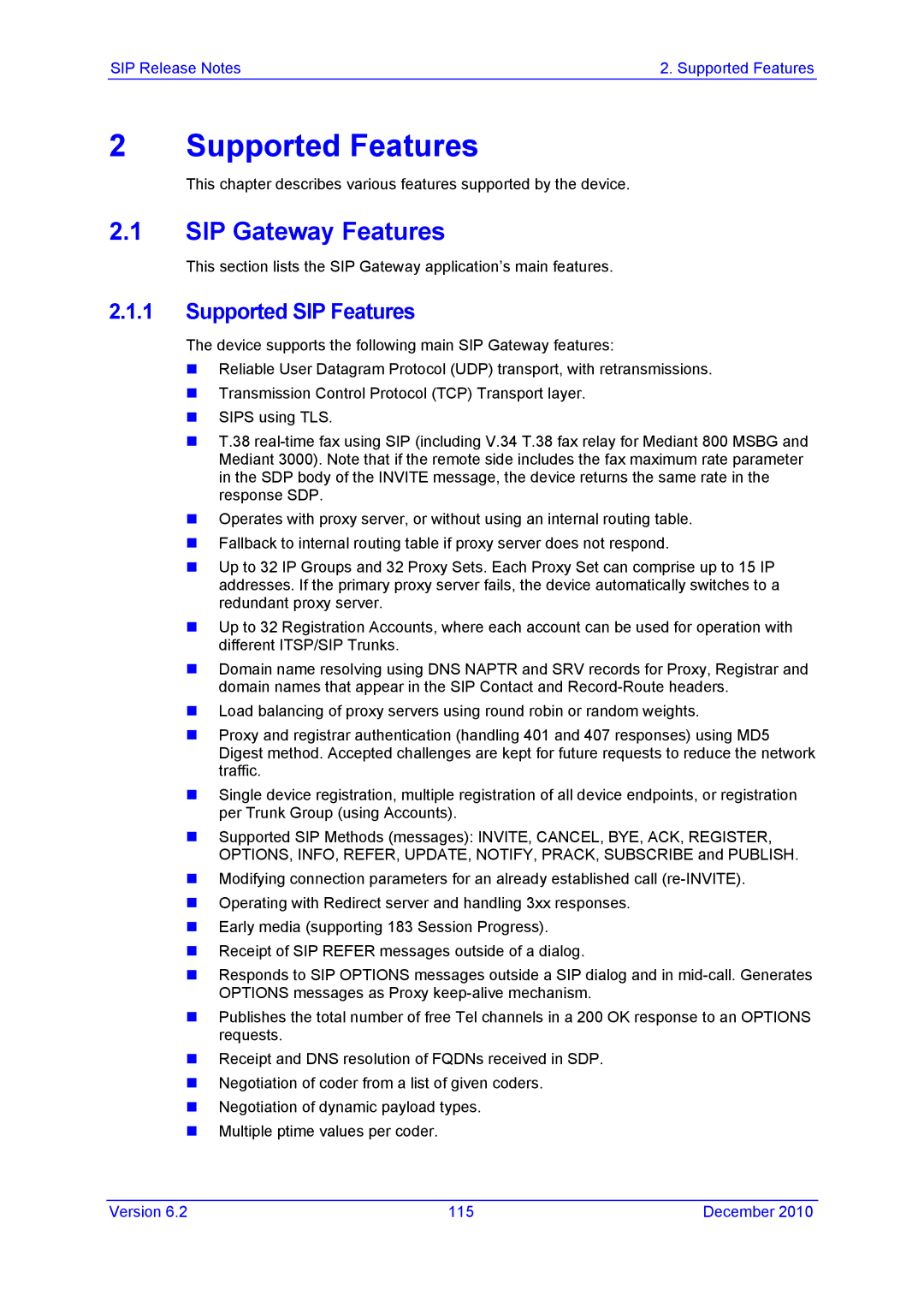 AudioControl VERSION 6.2 manual SIP Gateway Features, Supported SIP Features 