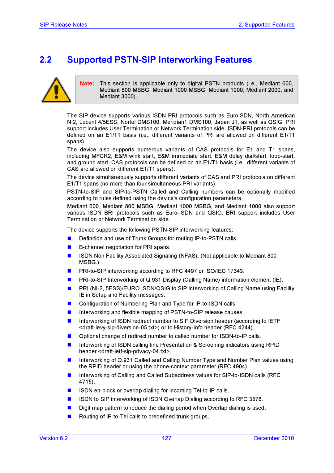 AudioControl VERSION 6.2 manual Supported PSTN-SIP Interworking Features 