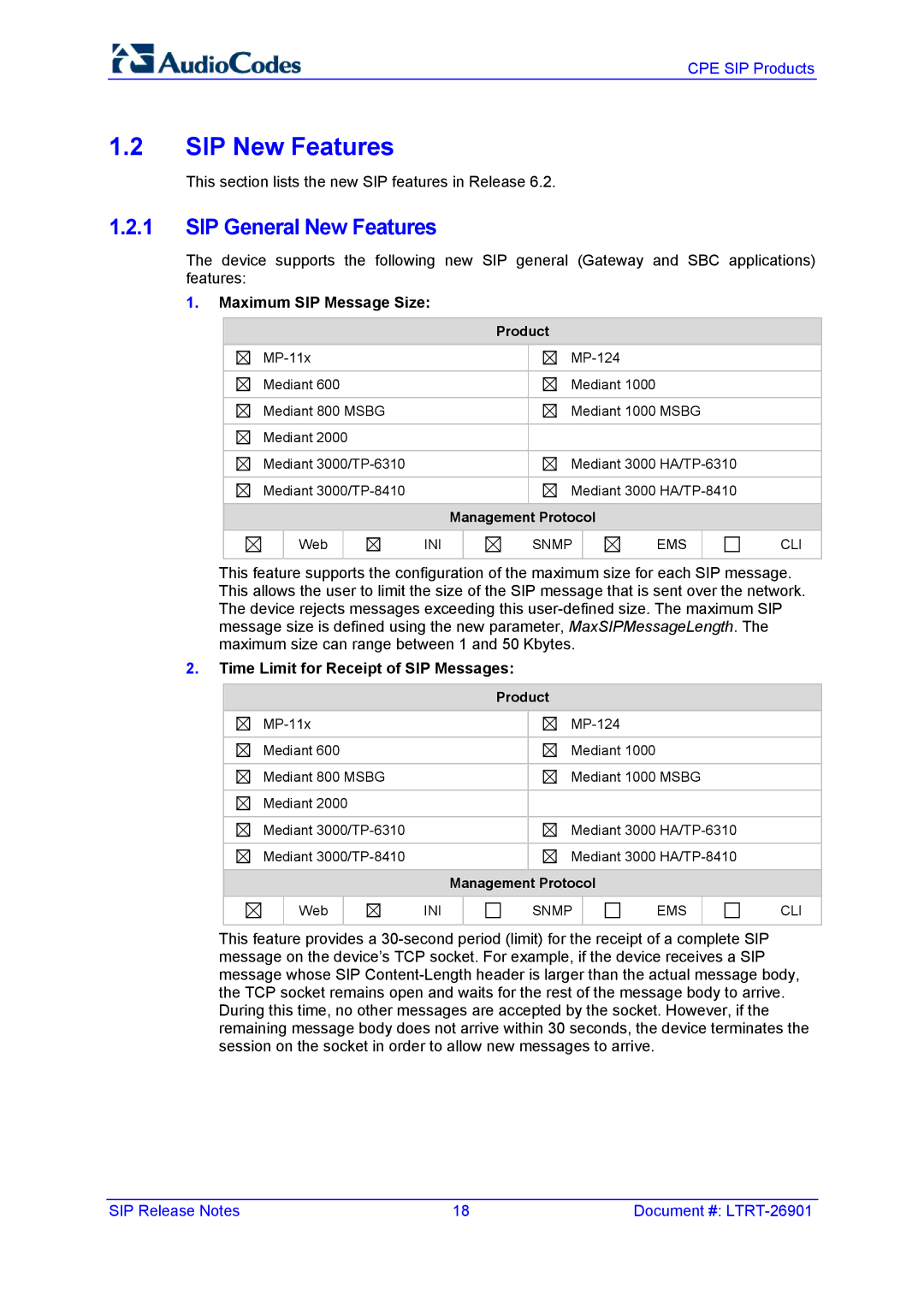 AudioControl VERSION 6.2 manual SIP New Features, SIP General New Features, Maximum SIP Message Size 