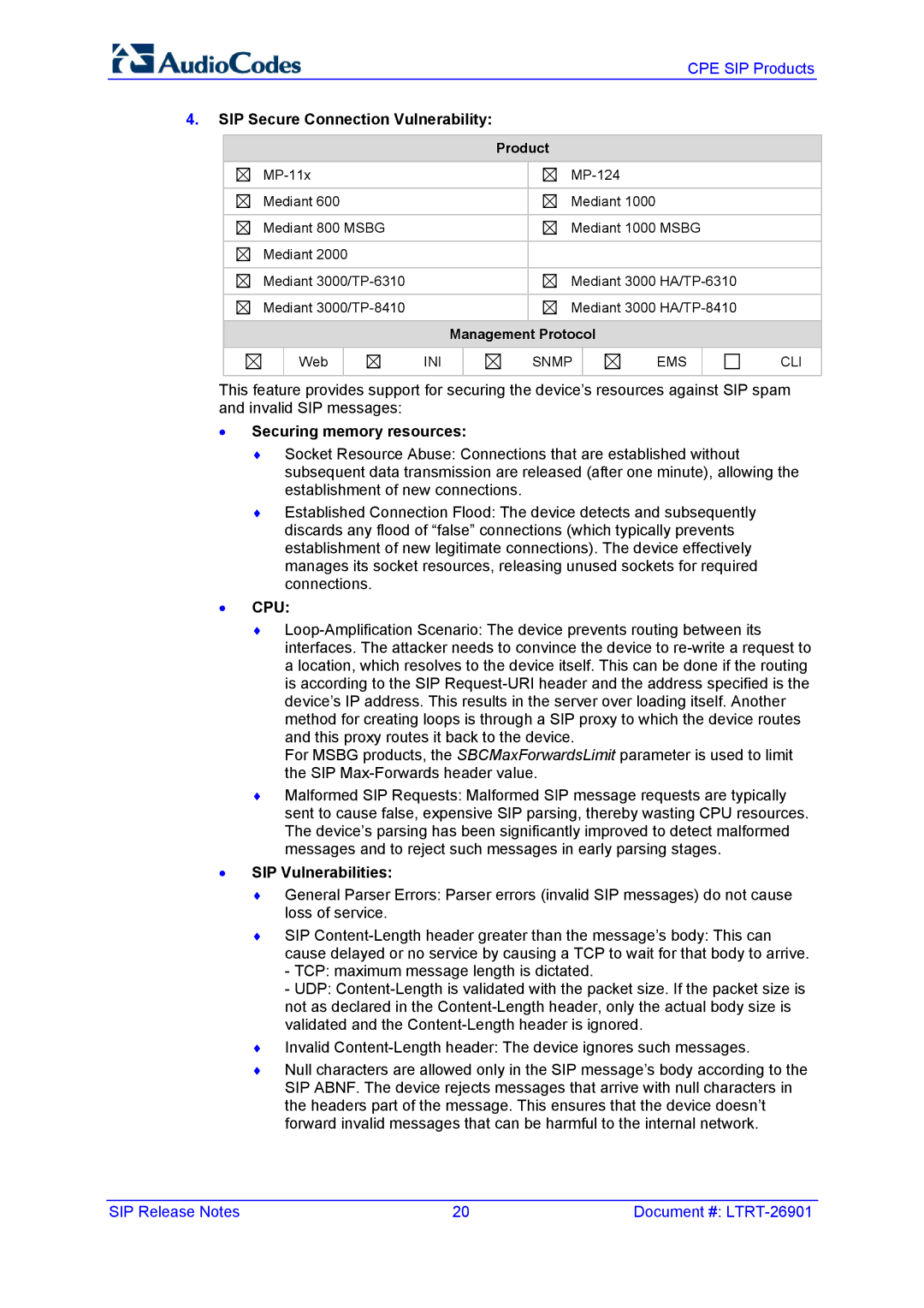 AudioControl VERSION 6.2 manual SIP Secure Connection Vulnerability, Securing memory resources, Cpu, SIP Vulnerabilities 