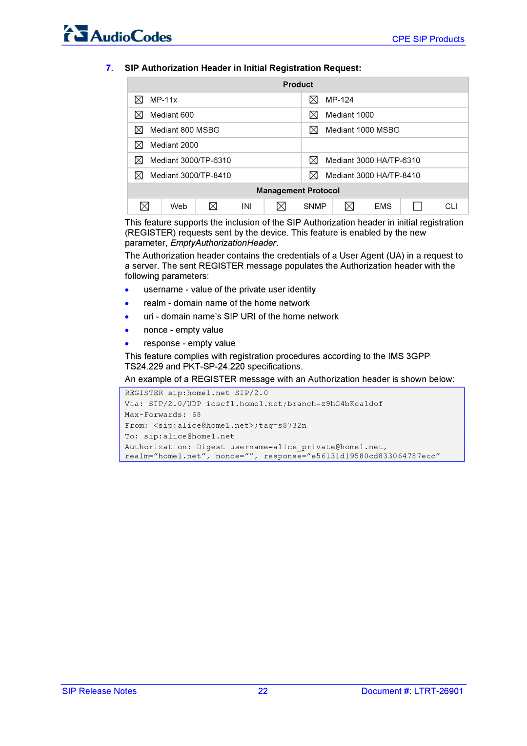 AudioControl VERSION 6.2 manual SIP Authorization Header in Initial Registration Request 