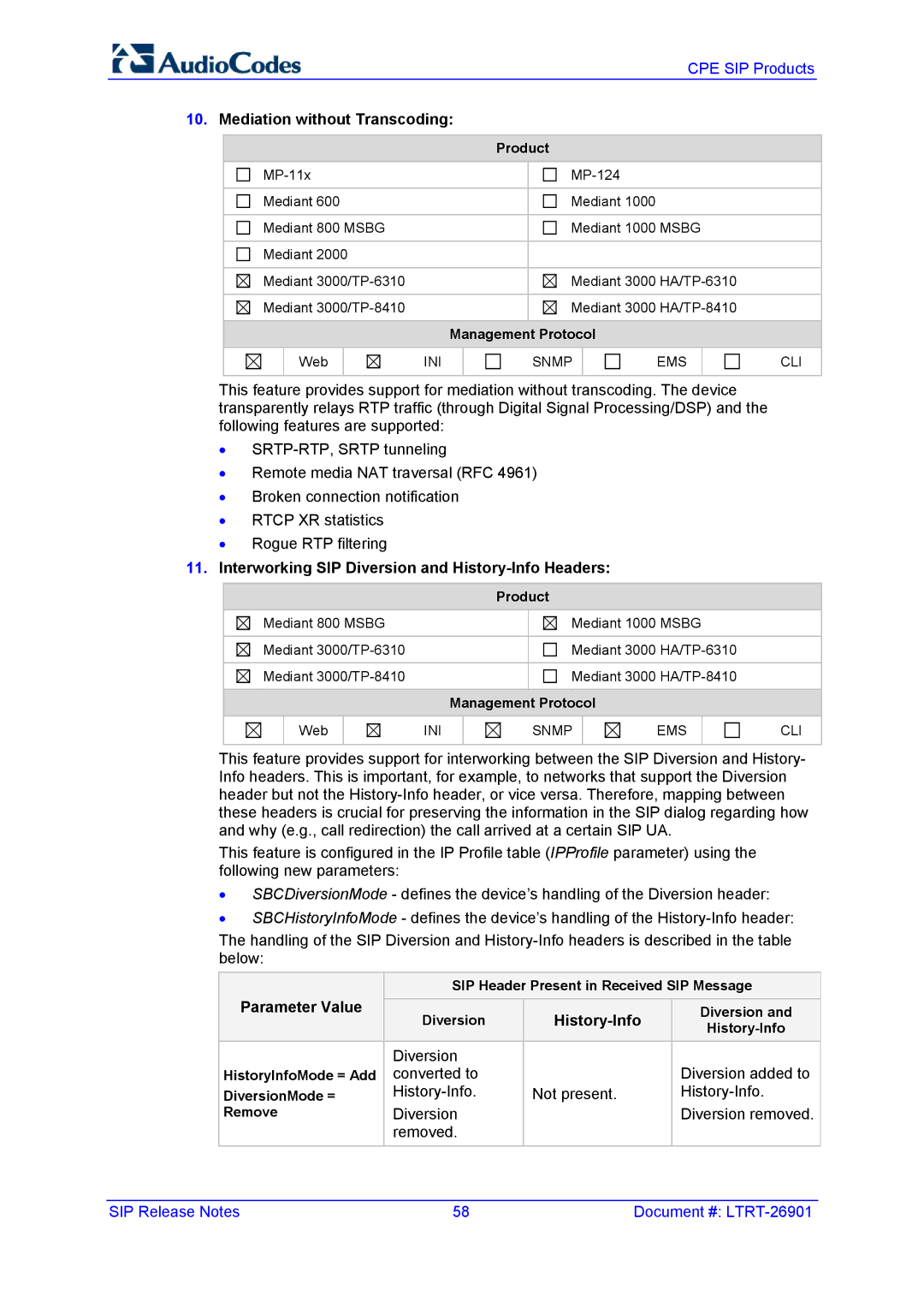 AudioControl VERSION 6.2 manual Mediation without Transcoding, Interworking SIP Diversion and History-Info Headers 