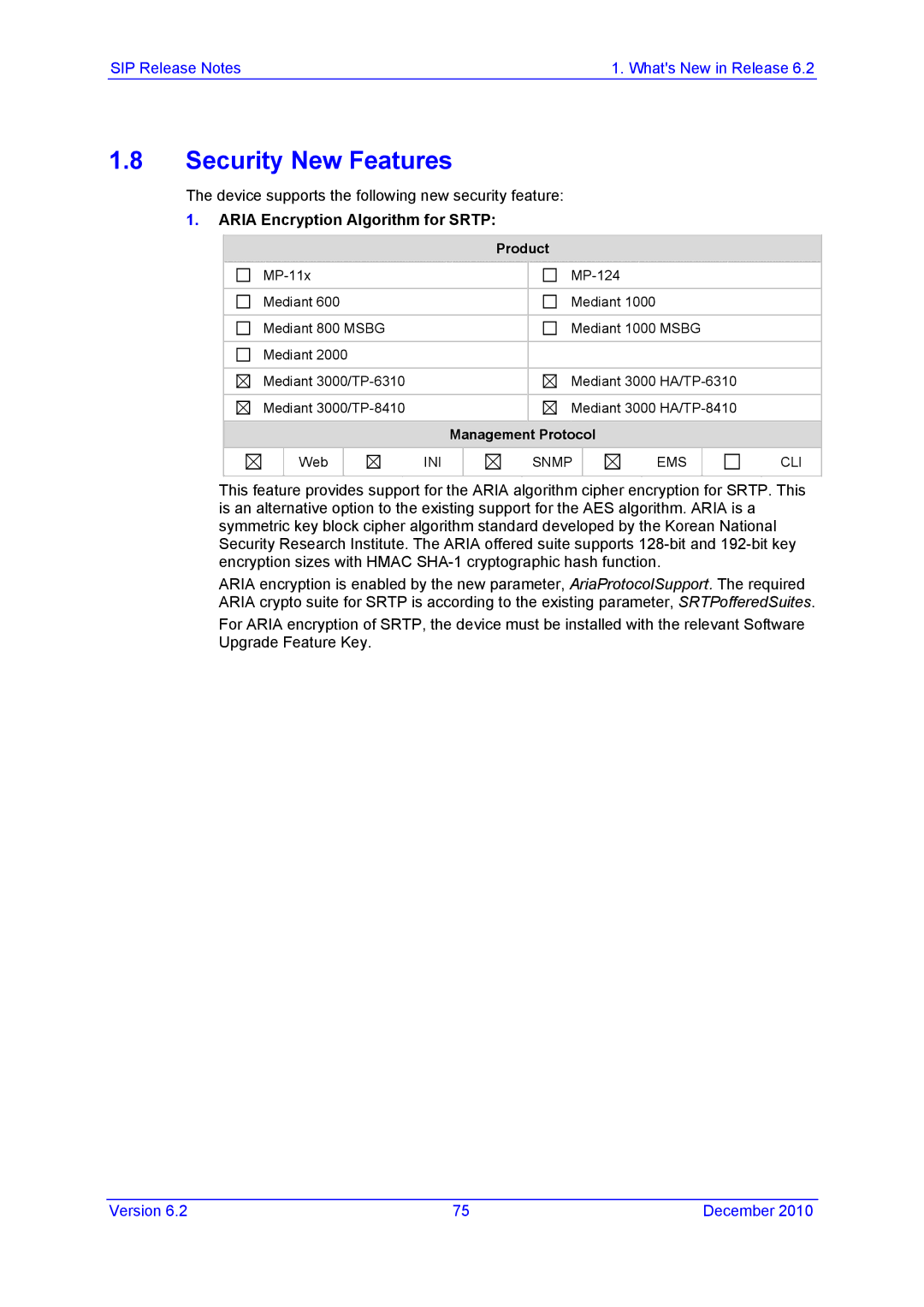 AudioControl VERSION 6.2 manual Security New Features, Aria Encryption Algorithm for Srtp 