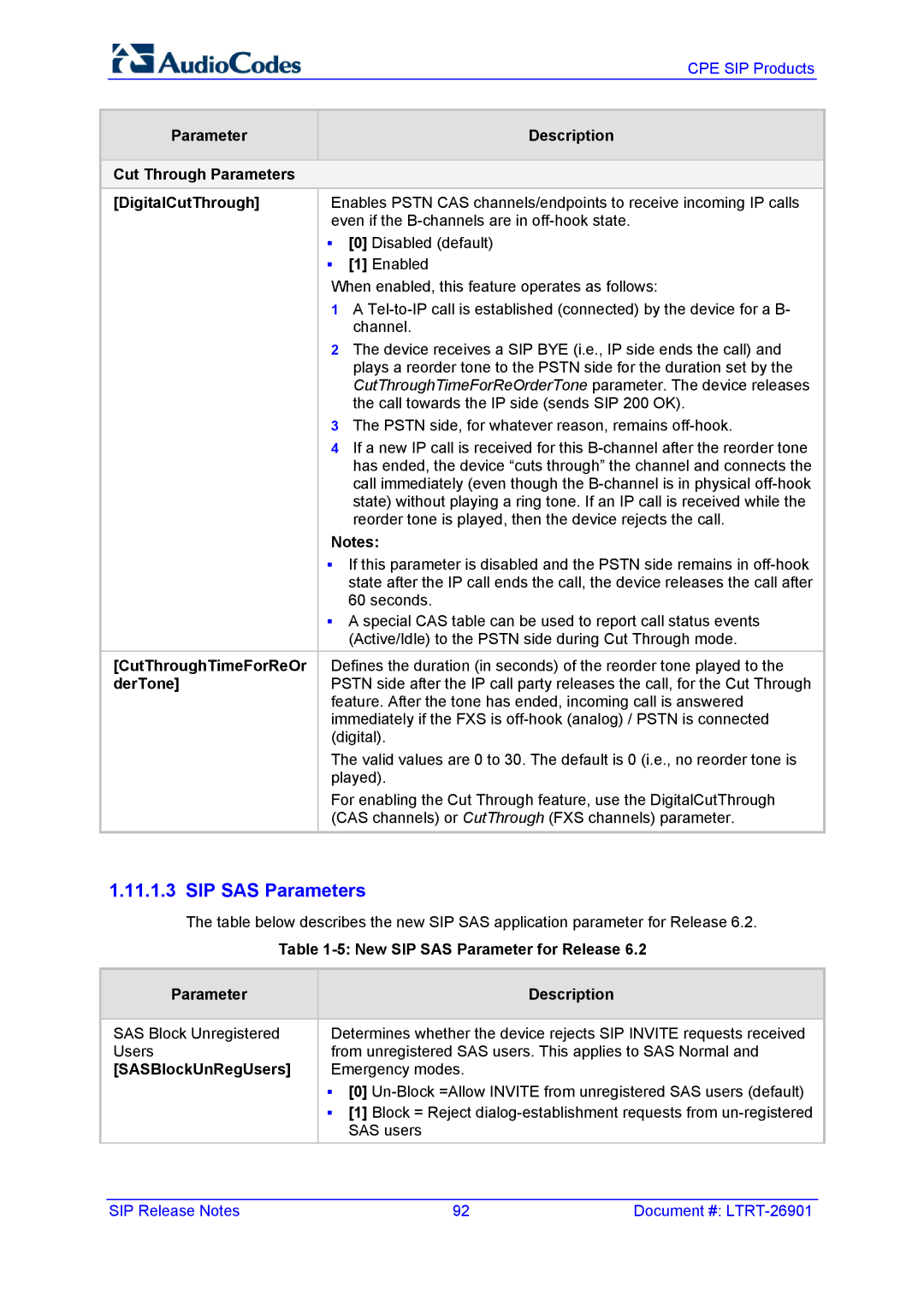 AudioControl VERSION 6.2 CutThroughTimeForReOr, DerTone, New SIP SAS Parameter for Release Description, SASBlockUnRegUsers 