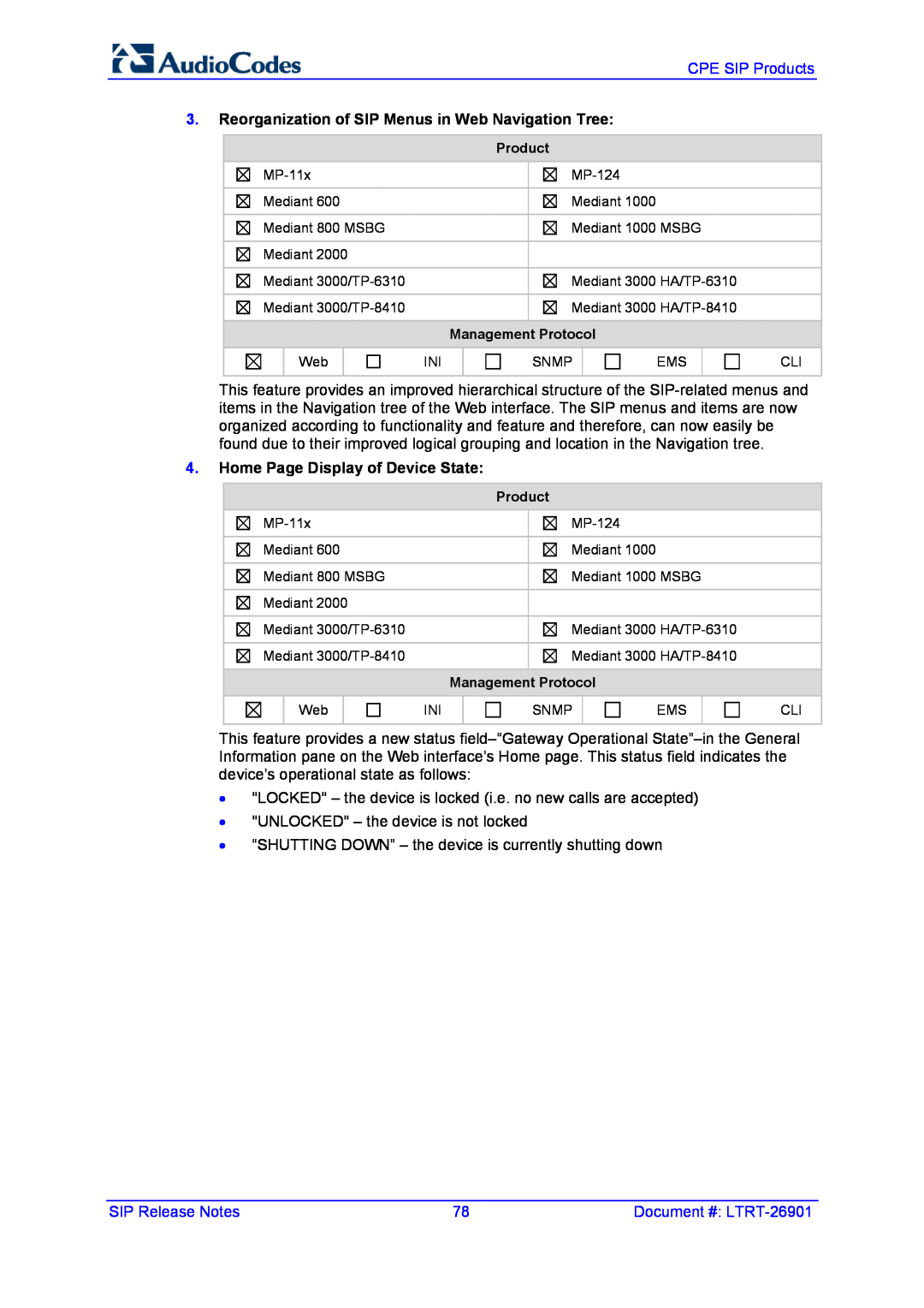 AudioControl VERSION 6.2 manual Reorganization of SIP Menus in Web Navigation Tree, Home Page Display of Device State 