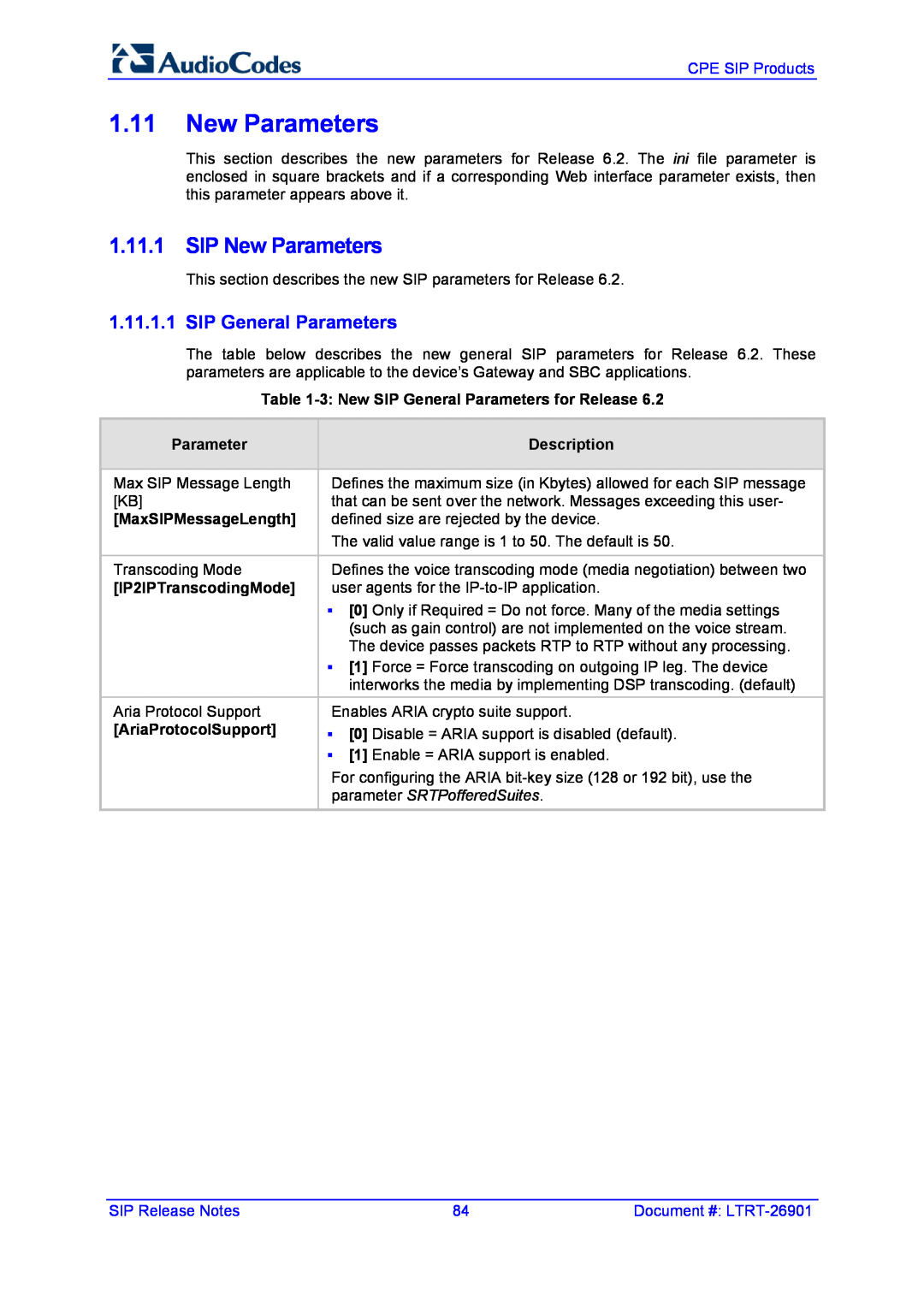 AudioControl VERSION 6.2 manual SIP New Parameters, 3 New SIP General Parameters for Release, Description 