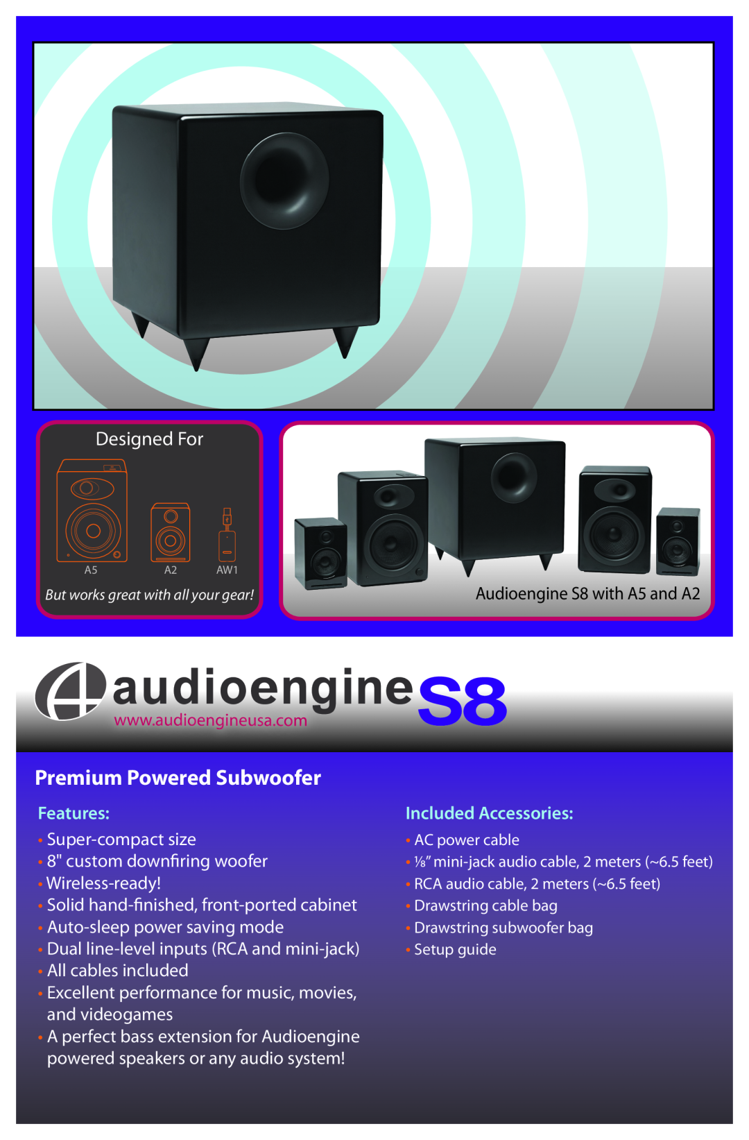 AudioEngine AS8 manual Premium Powered Subwoofer, Designed For, Features, Included Accessories 