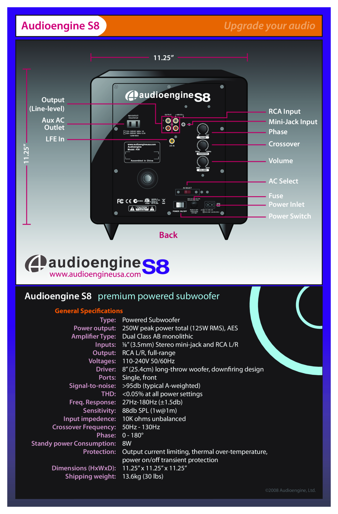 AudioEngine AS8 manual Upgrade your audio, Audioengine S8 premium powered subwoofer, Back, Aux AC Outlet LFE In, 11.25” 