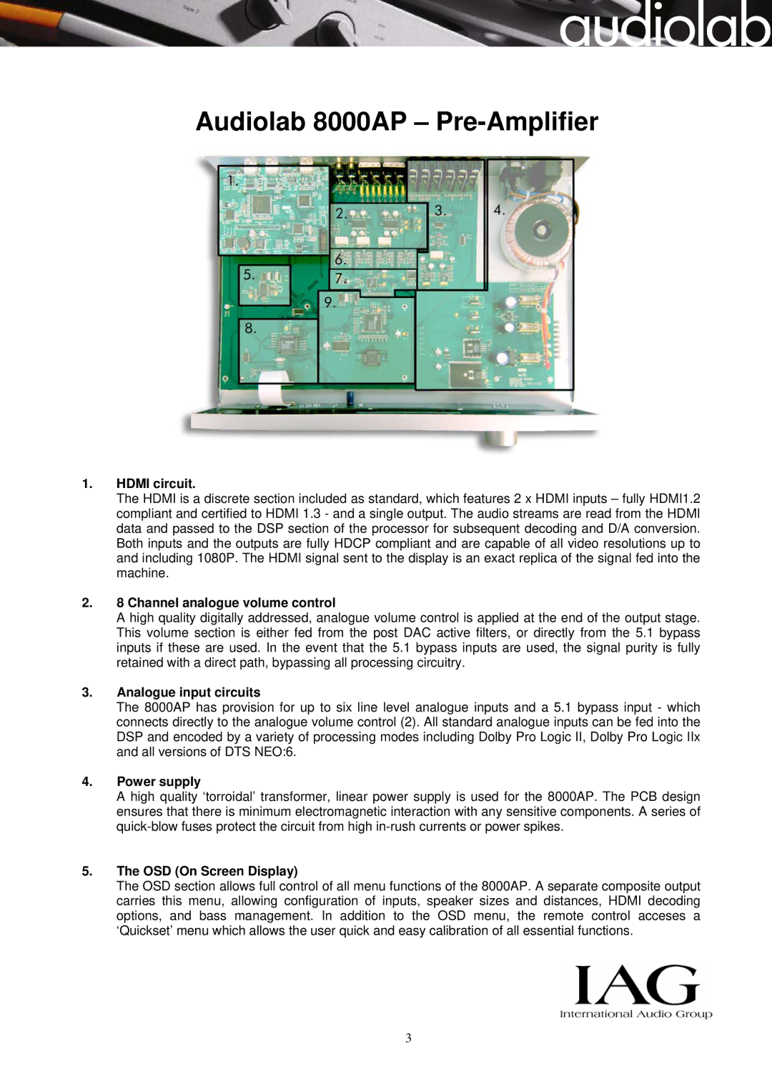 Audiolab 8000AP manual Hdmi circuit, Channel analogue volume control, Analogue input circuits, Power supply 