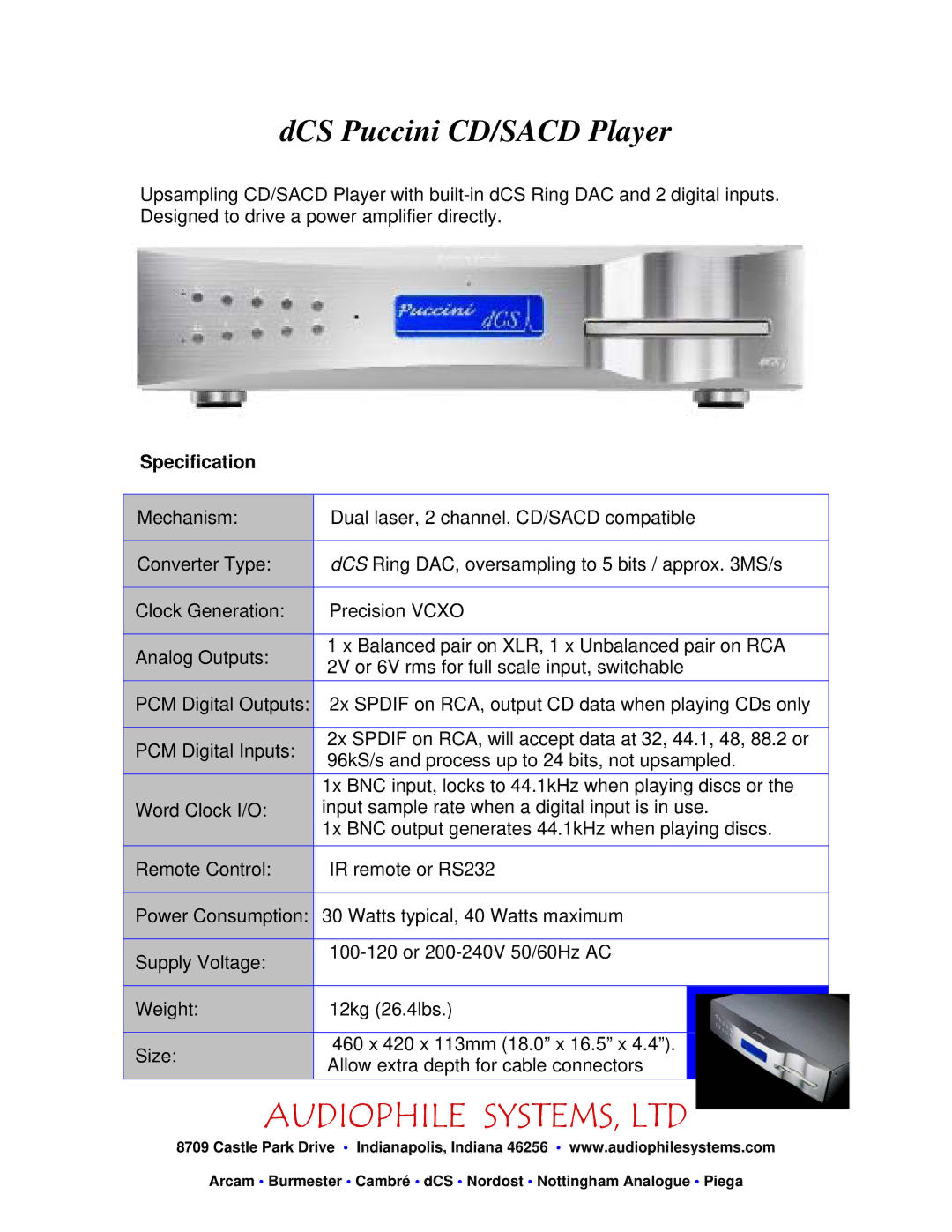 Audiophile Systems manual DCS Puccini CD/SACD Player, Specification 