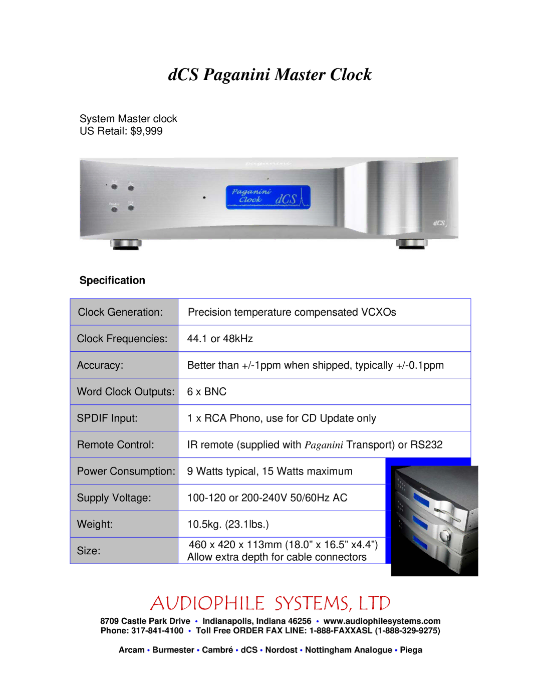 Audiophile Systems VCXOs manual DCS Paganini Master Clock, Specification 