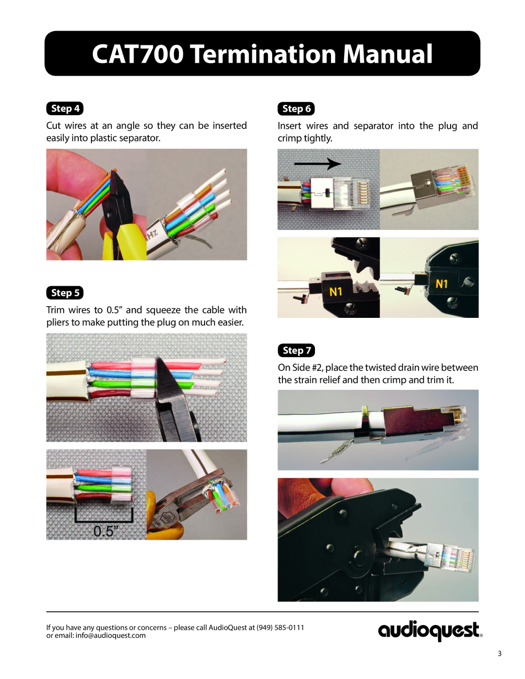 AudioQuest CAT700 manual Insert wires and separator into the plug and crimp tightly 