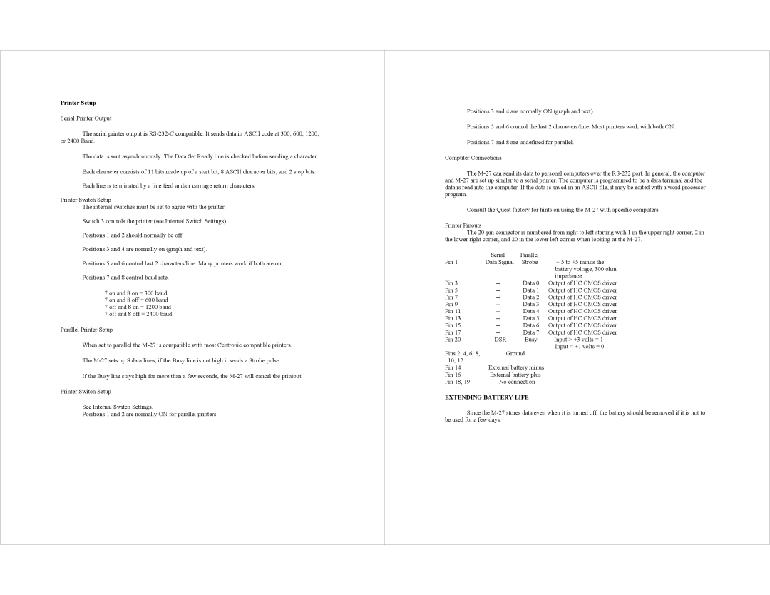 AudioQuest M-27 specifications Printer Setup, Dsr, Extending Battery Life 