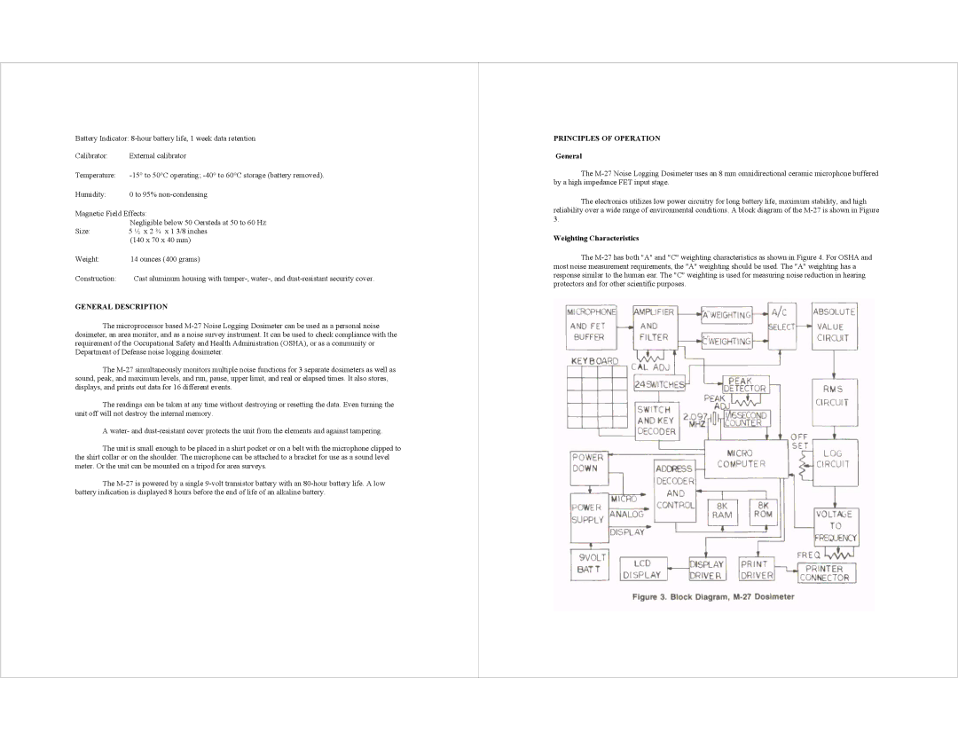 AudioQuest M-27 specifications General Description, Principles of Operation, Weighting Characteristics 