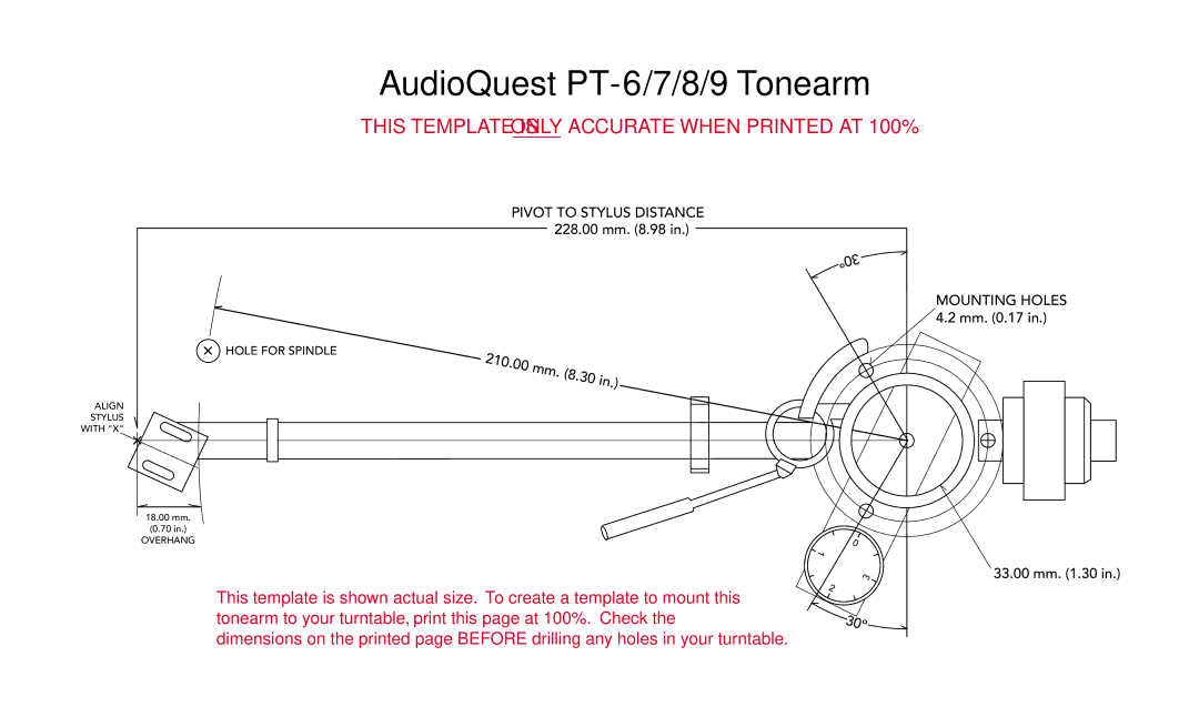 AudioQuest PT-9 manual AudioQuest PT-6/7/8/9 Tonearm, 30º 