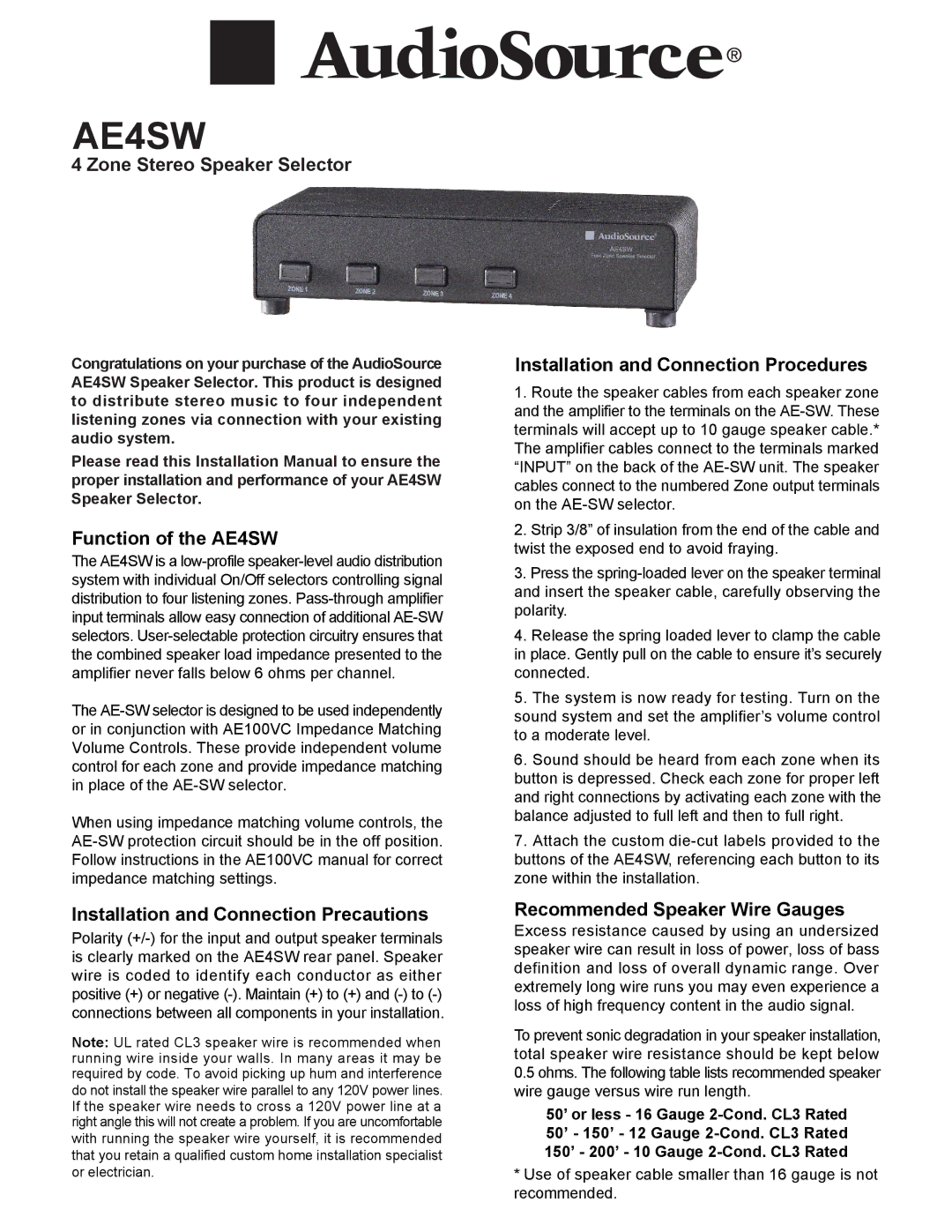 AudioSource 4 Zone Stereo Speaker Selector installation manual Function of the AE4SW, Recommended Speaker Wire Gauges 