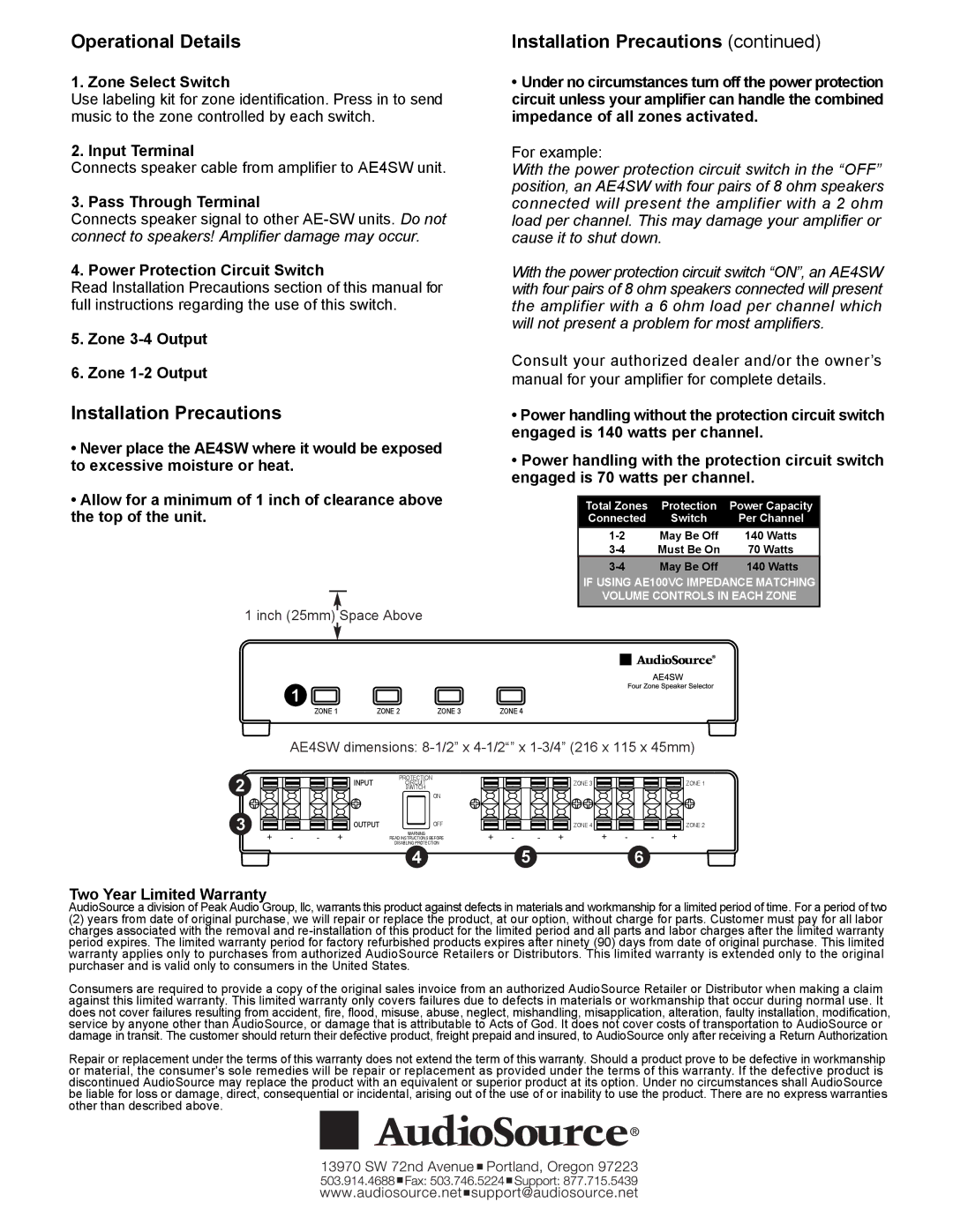 AudioSource AE4SW, 4 Zone Stereo Speaker Selector installation manual Operational Details, Installation Precautions 