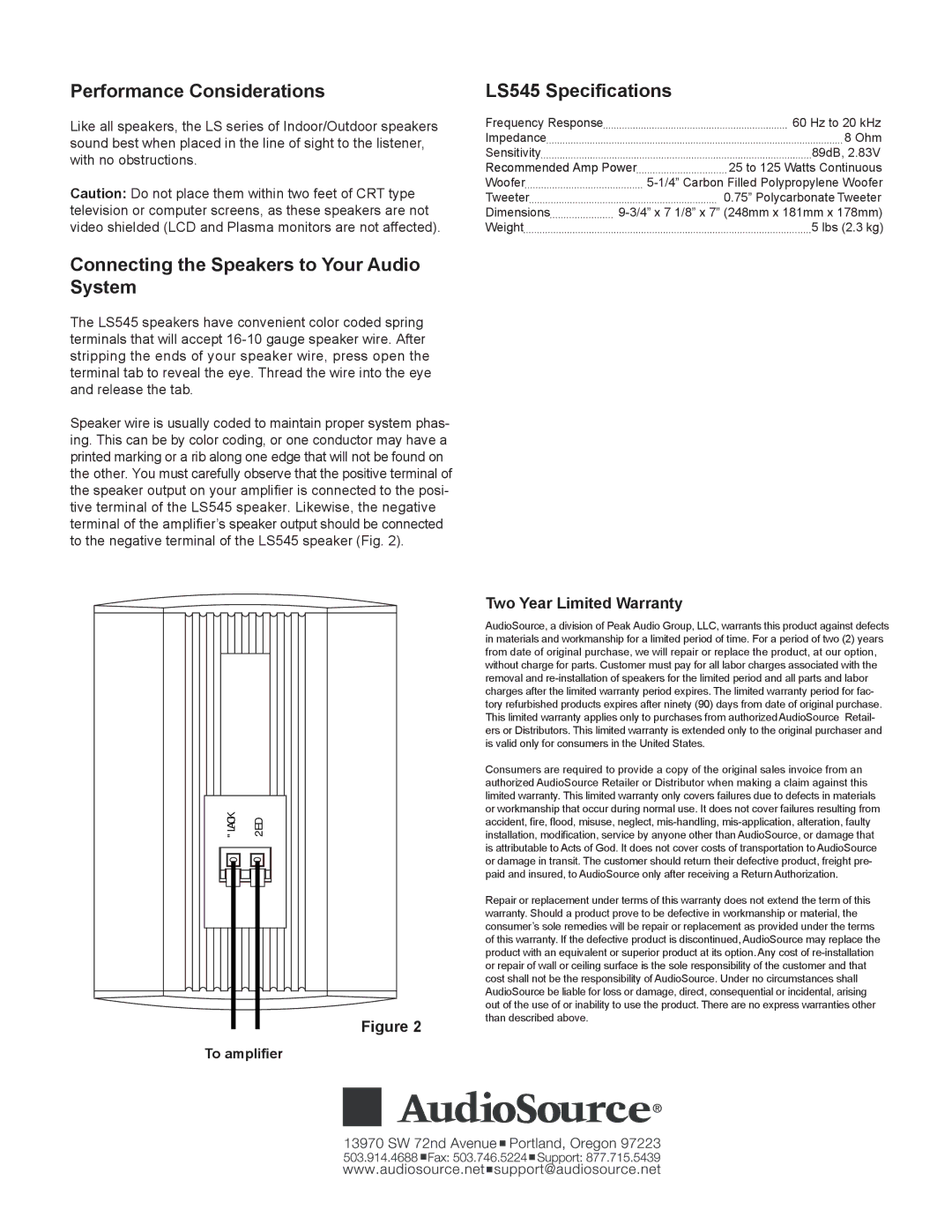 AudioSource 5-14 2-Way Compac Indoor/Outdoor Speakers installation manual Performance Considerations, LS545 Specifications 