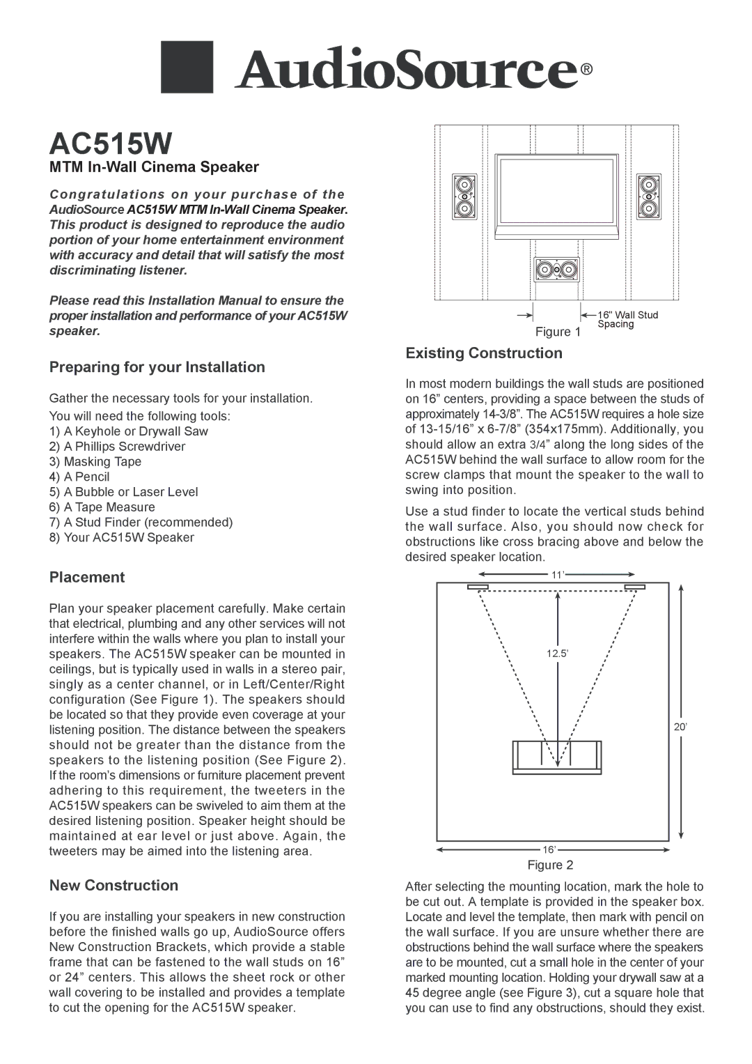 AudioSource AC515W installation manual 