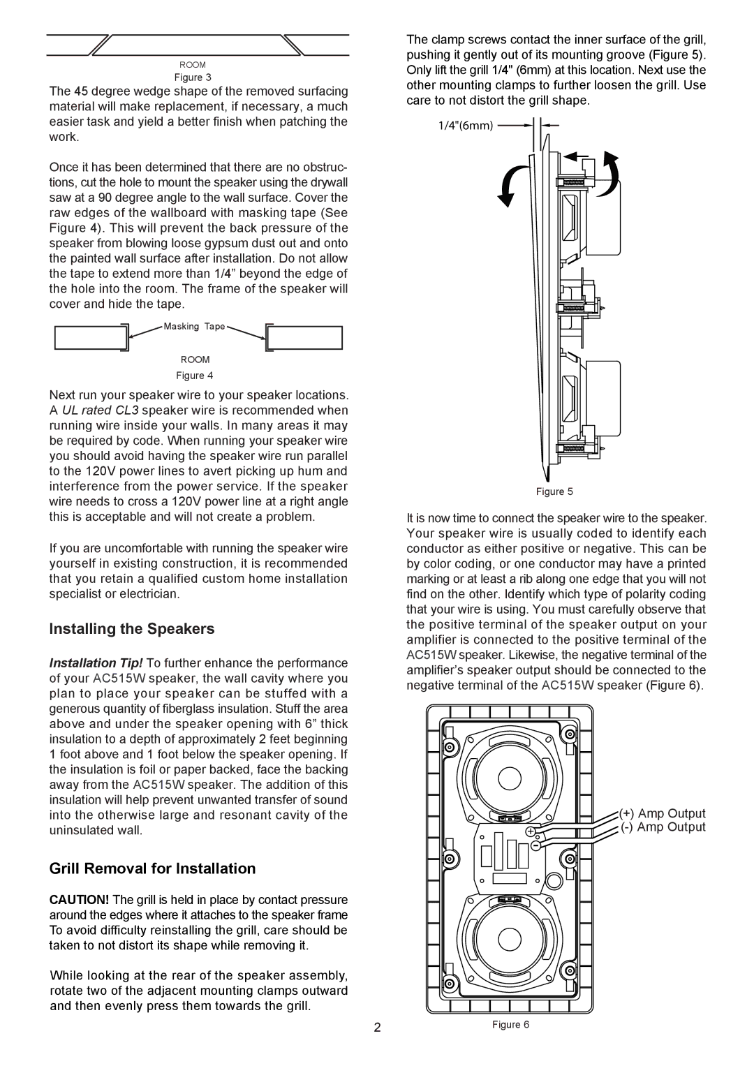 AudioSource AC515W installation manual Installing the Speakers, Grill Removal for Installation 