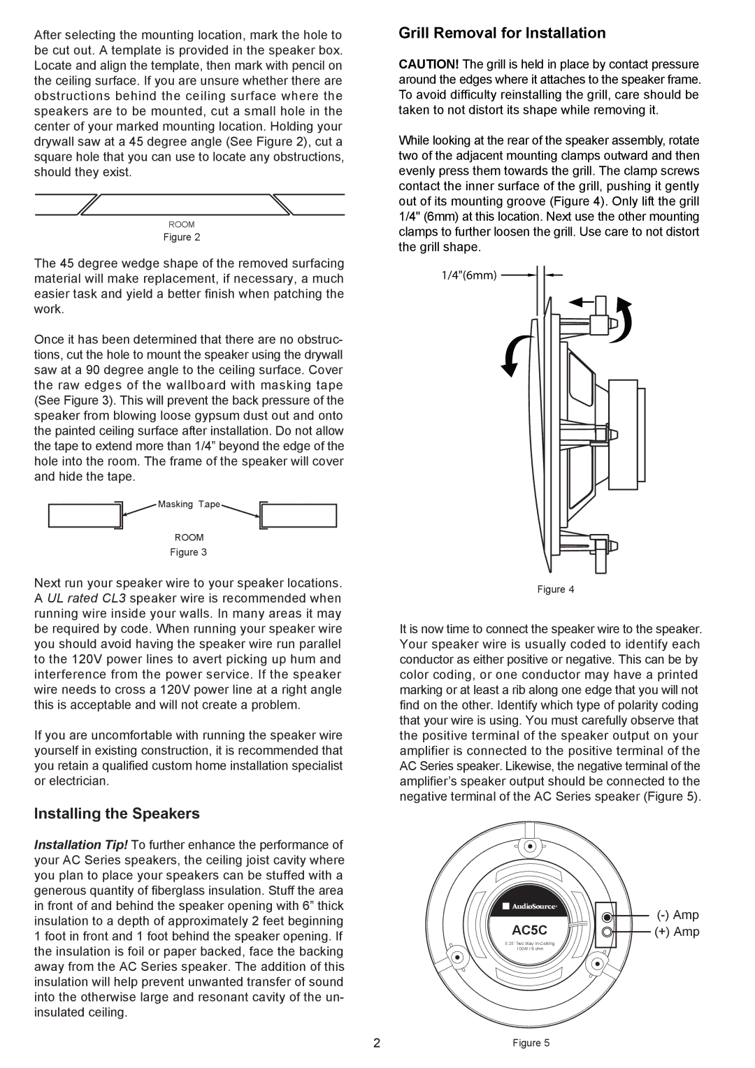 AudioSource AC5C installation manual Installing the Speakers, Grill Removal for Installation 