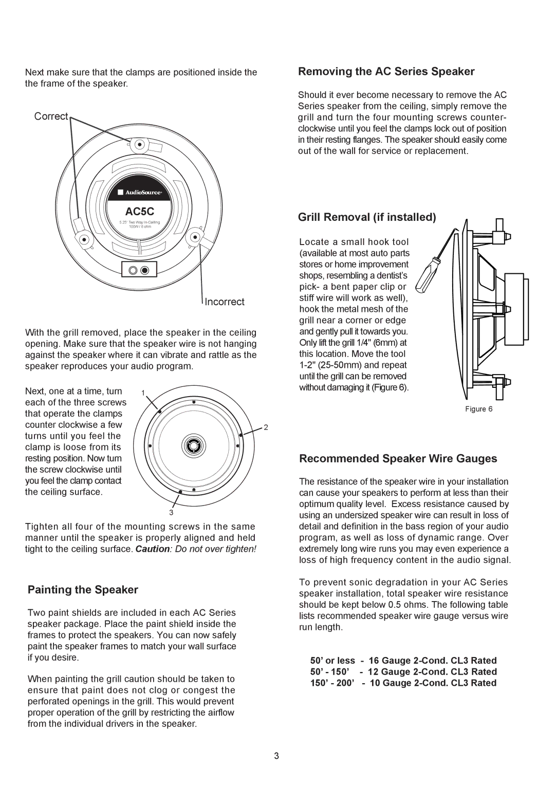 AudioSource AC5C Removing the AC Series Speaker, Grill Removal if installed, Recommended Speaker Wire Gauges 