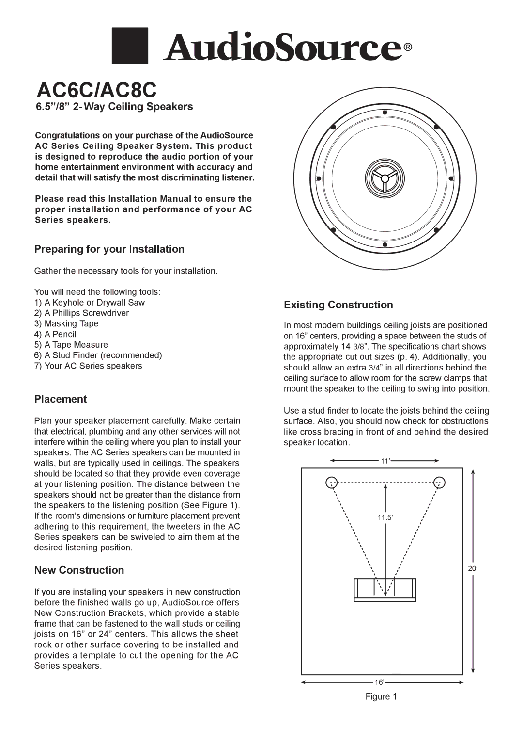 AudioSource 2-Way Ceiling Speakers, AC8C installation manual 8 2- Way Ceiling Speakers, Preparing for your Installation 