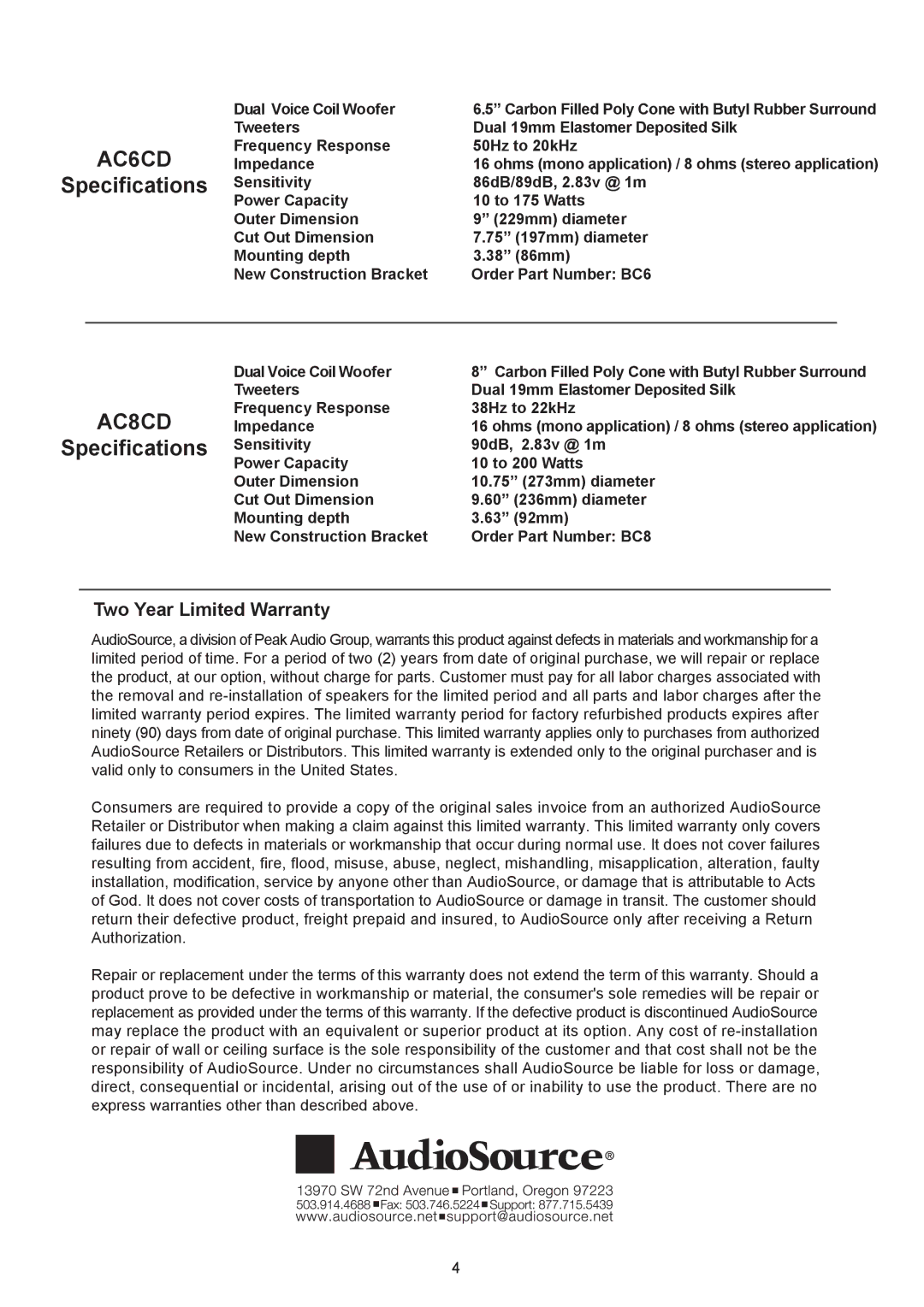 AudioSource AC8CD installation manual AC6CD, Two Year Limited Warranty 