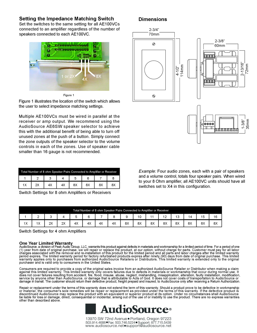 AudioSource AE100VC manual Setting the Impedance Matching Switch, Dimensions, One Year Limited Warranty 