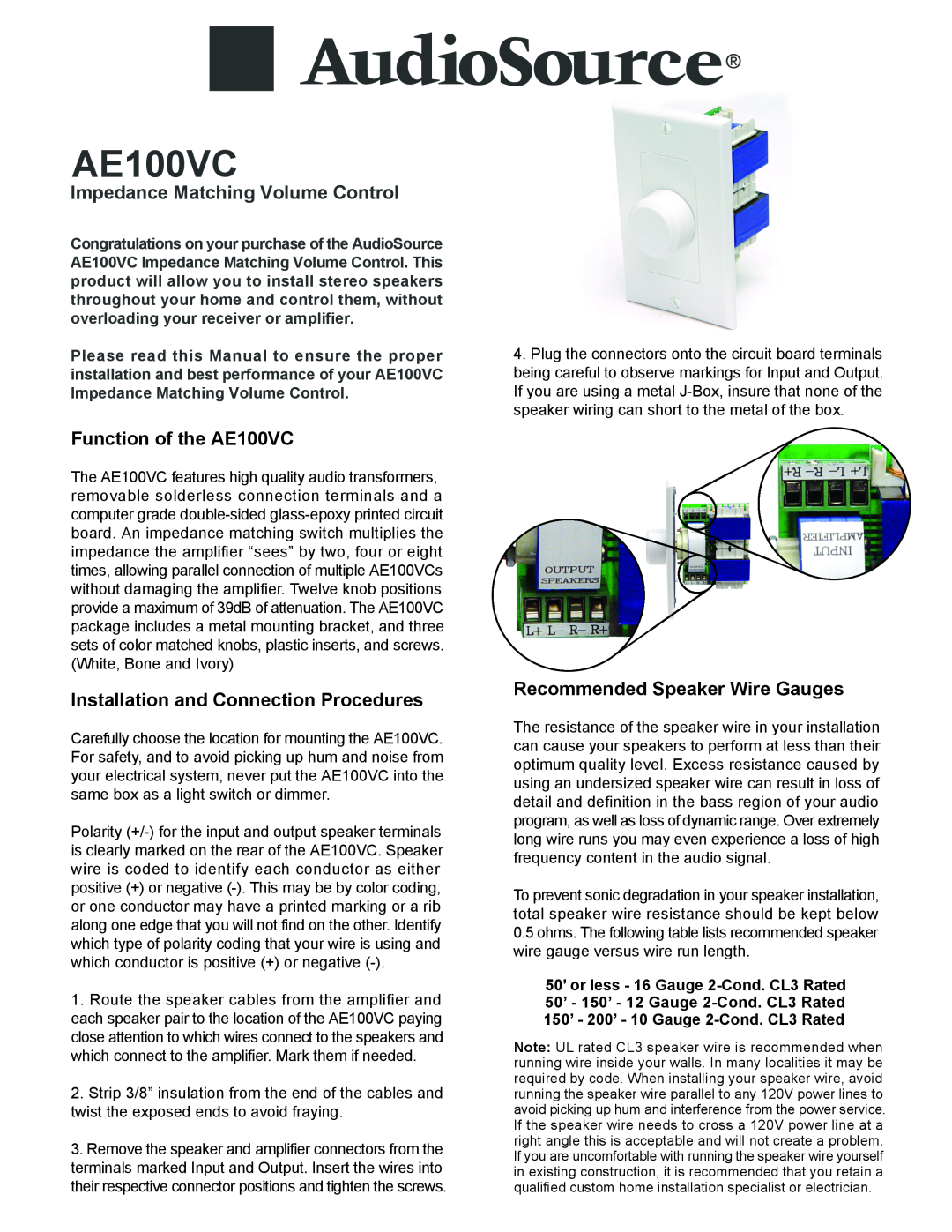 AudioSource manual Impedance Matching Volume Control, Function of the AE100VC, Installation and Connection Procedures 