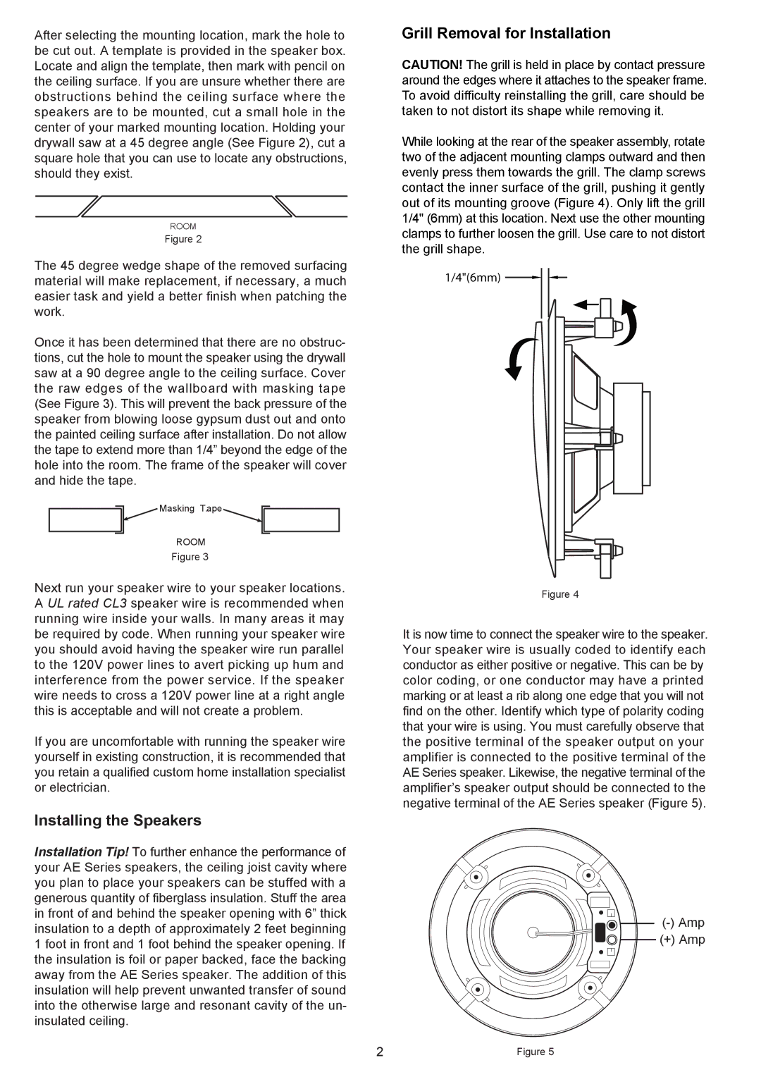 AudioSource AE8C, AE5C, AE6C, 5/6.5/8 2-Way In-Ceiling Speakers Installing the Speakers, Grill Removal for Installation 