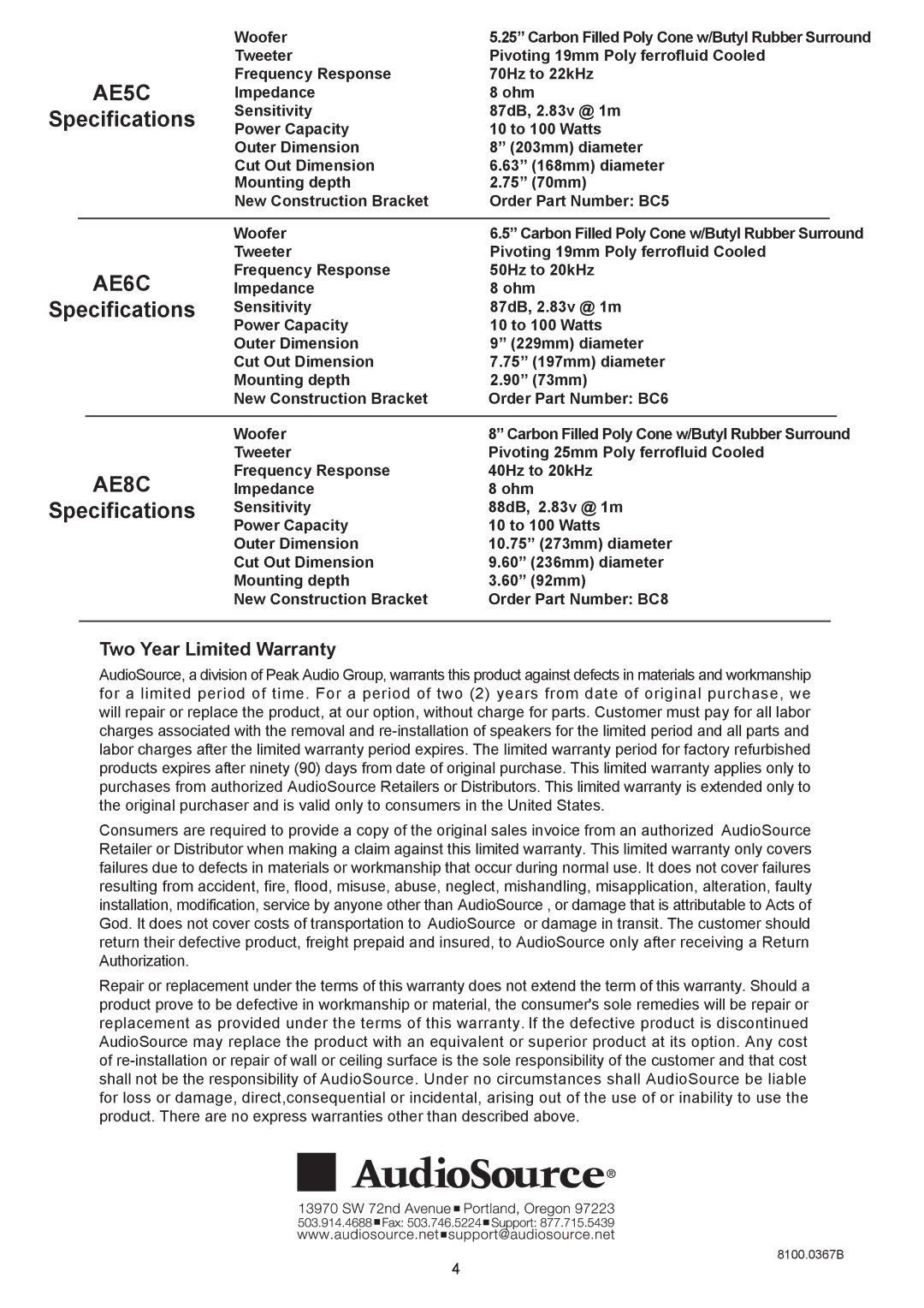 AudioSource AE5C, AE6C, AE8C, 5/6.5/8 2-Way In-Ceiling Speakers installation manual Two Year Limited Warranty 