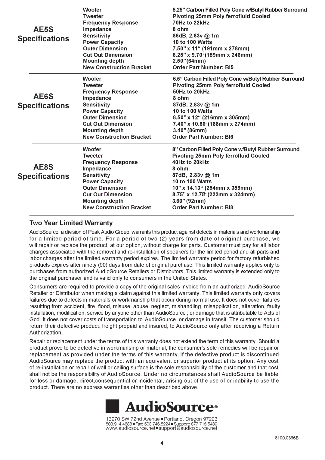 AudioSource AE6S, AE8S, AudioSource AE Series In-Wall Speaker System installation manual AE5S, Two Year Limited Warranty 