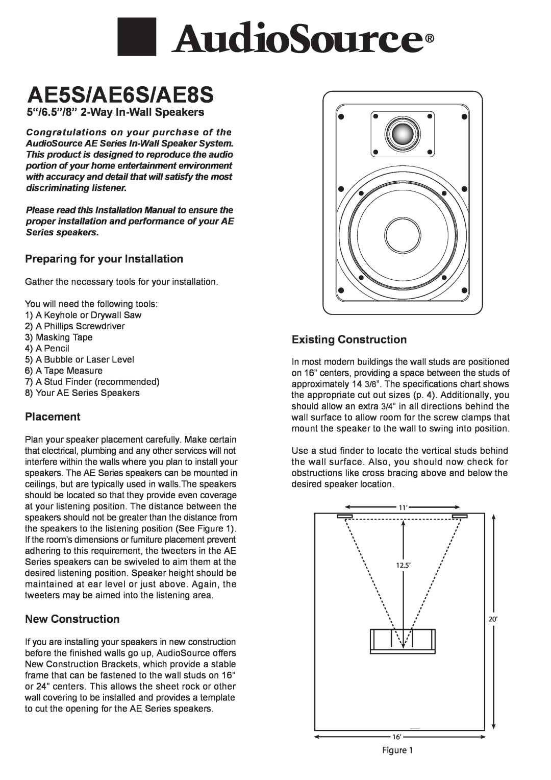AudioSource AE8S, AE6S installation manual 5“/6.5”/8” 2-Way In-WallSpeakers, Preparing for your Installation, Placement 