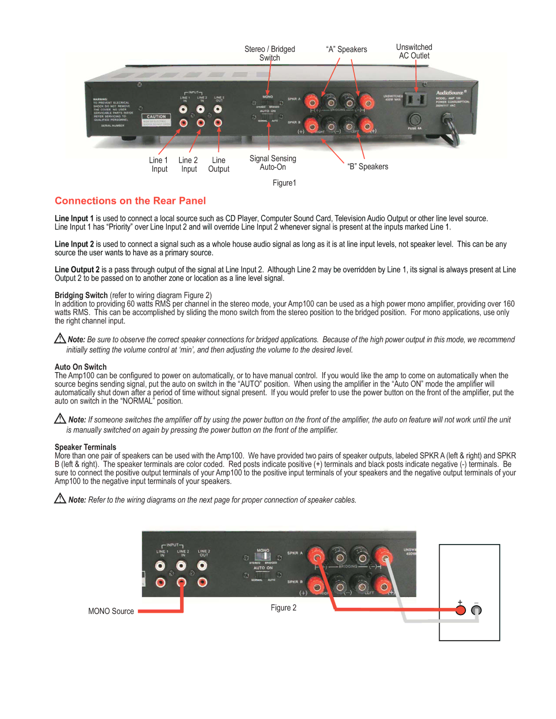 AudioSource AMP 100 technical specifications Connections on the Rear Panel, Auto On Switch, Speaker Terminals 