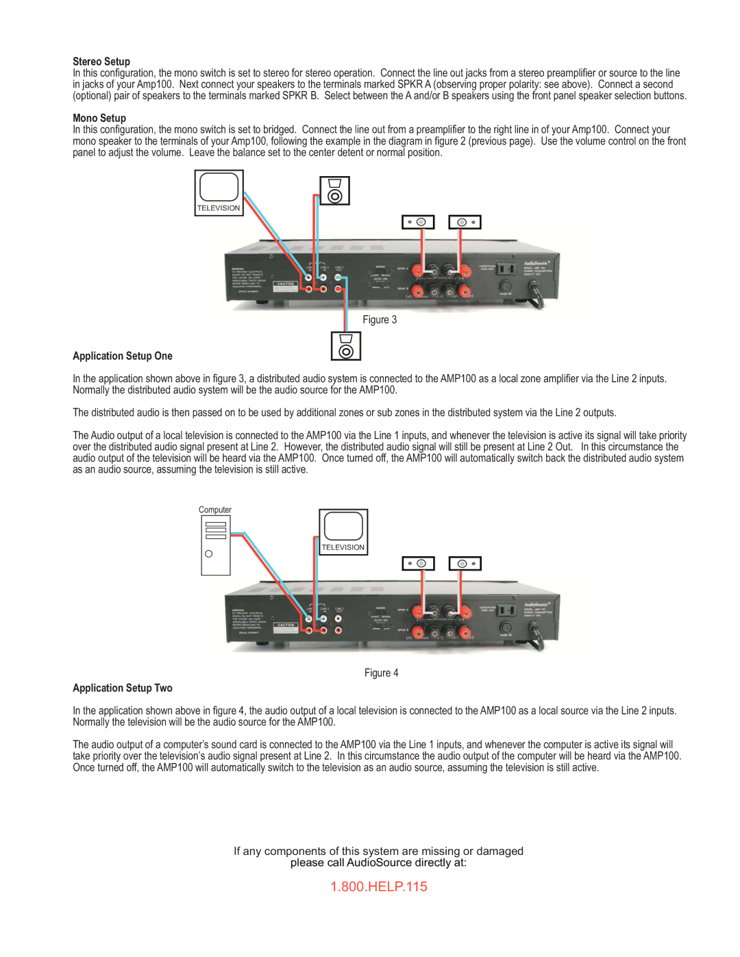 AudioSource 2 Channel Amplifier With Auto Switching Dual Inputs, AMP 100 Stereo Setup, Mono Setup, Application Setup One 