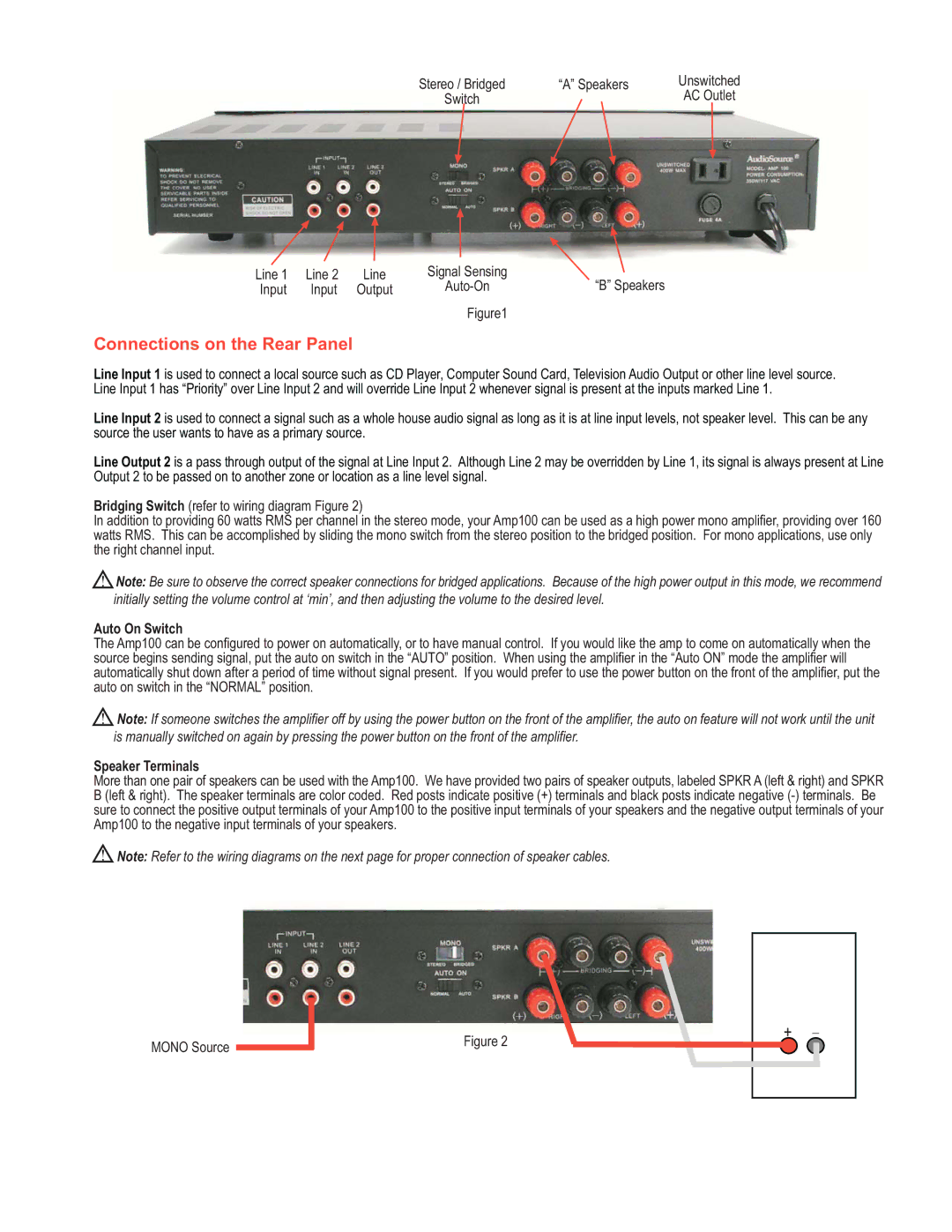 AudioSource AMP 100 technical specifications Connections on the Rear Panel, Auto On Switch, Speaker Terminals 