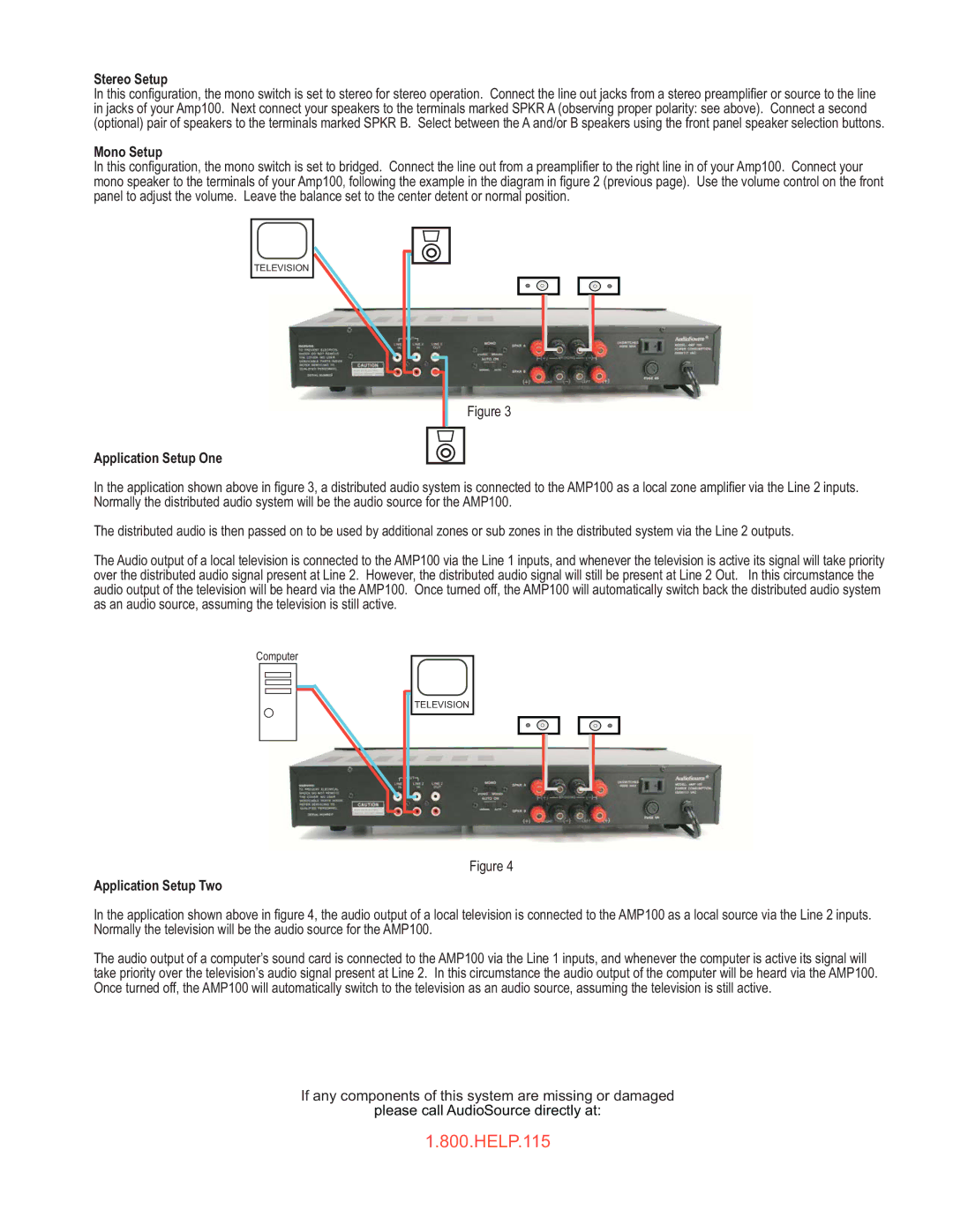 AudioSource 2 Channel Amplifier With Auto Switching Dual Inputs, AMP 100 Stereo Setup, Mono Setup, Application Setup One 