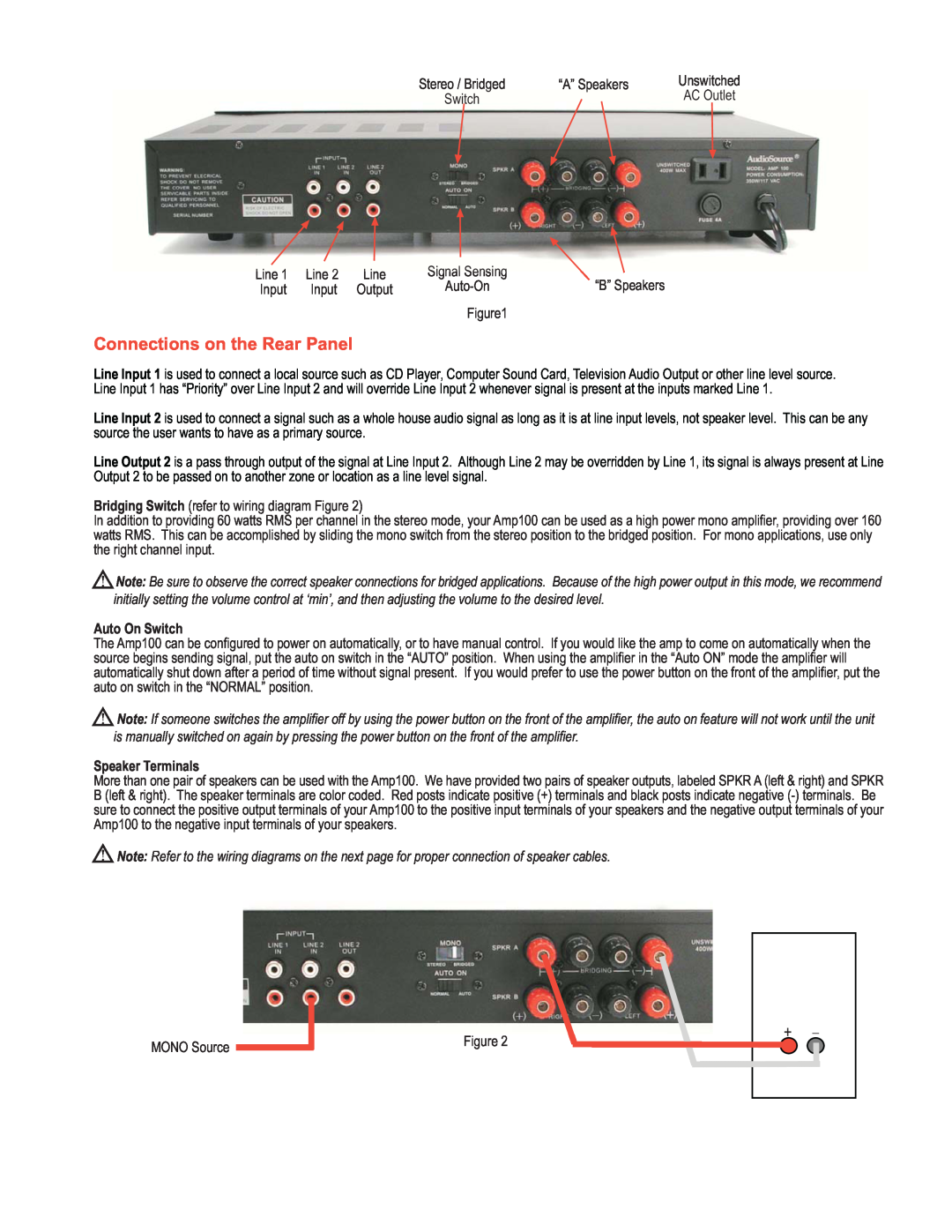 AudioSource AMP 100 technical specifications Connections on the Rear Panel, Auto On Switch, Speaker Terminals 