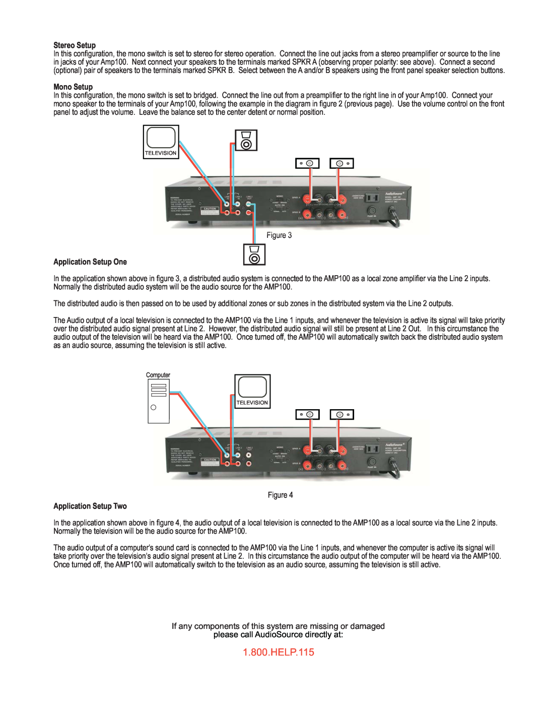 AudioSource 2 Channel Amplifier With Auto Switching Dual Inputs Stereo Setup, Mono Setup, Application Setup One, HELP.115 