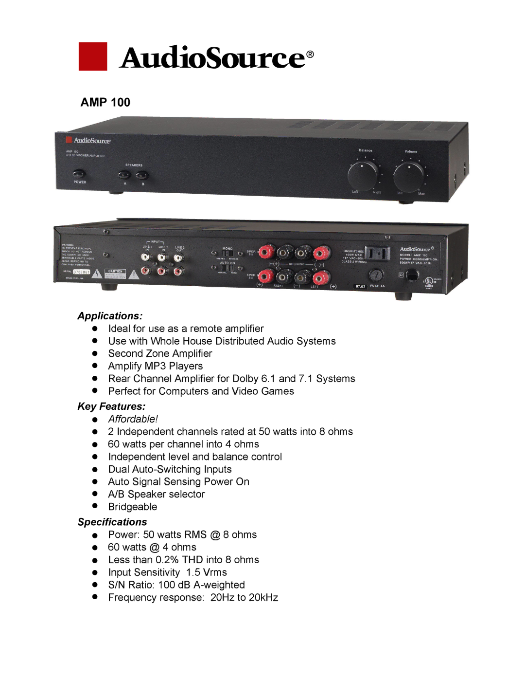 AudioSource AMP 100, AMP 210, AMP 310, AMP 110, AMP 102 manual Amp, Affordable 