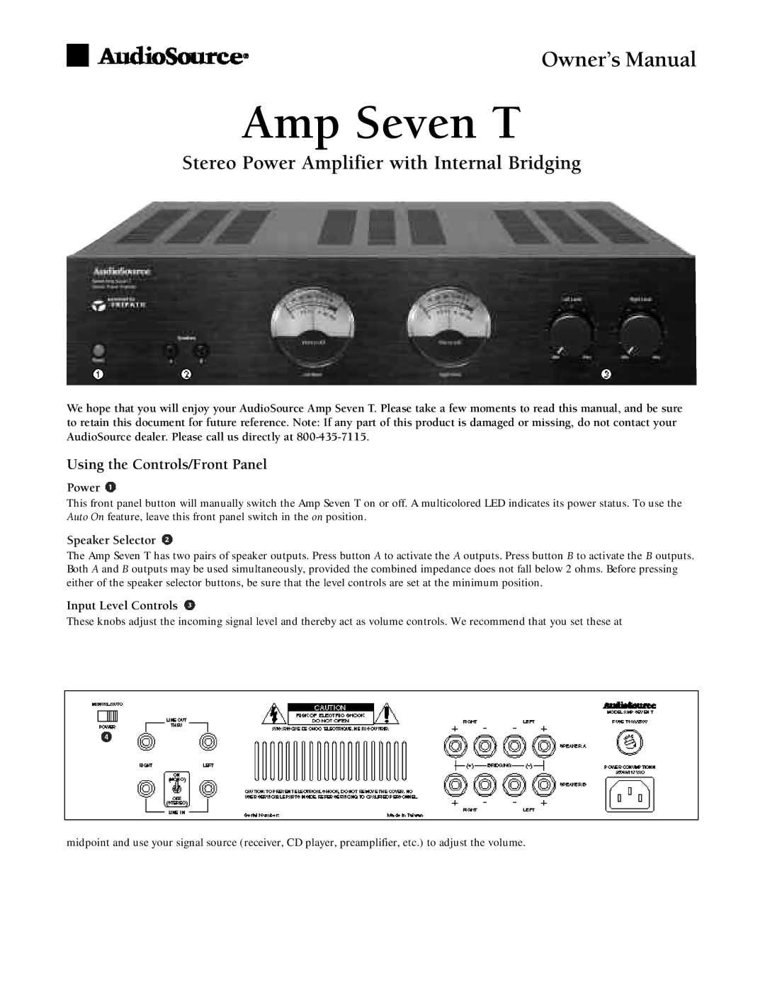 AudioSource Amp Seven T owner manual Stereo Power Amplifier with Internal Bridging, Using the Controls/Front Panel 