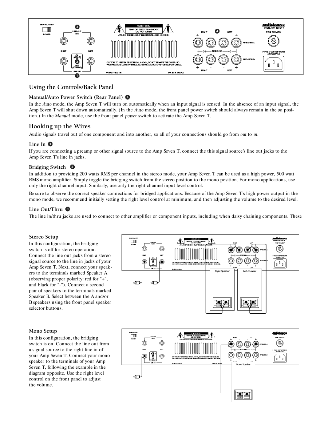 AudioSource Amp Seven T owner manual Using the Controls/Back Panel, Hooking up the Wires 