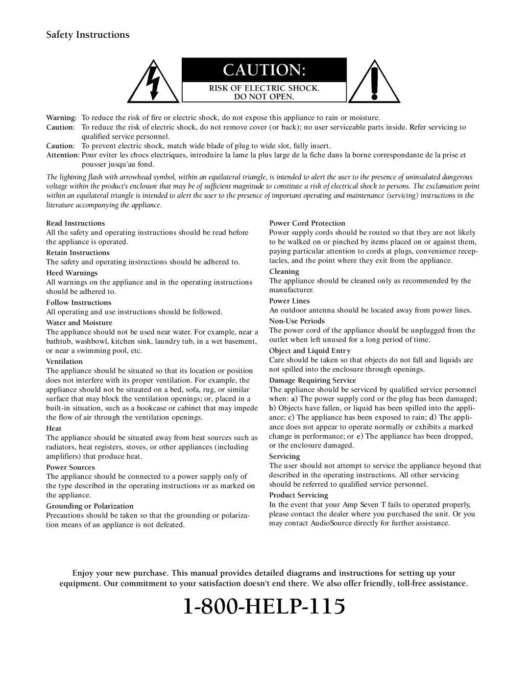 AudioSource Amp Seven T owner manual Safety Instructions, Risk of Electric Shock Do not Open 