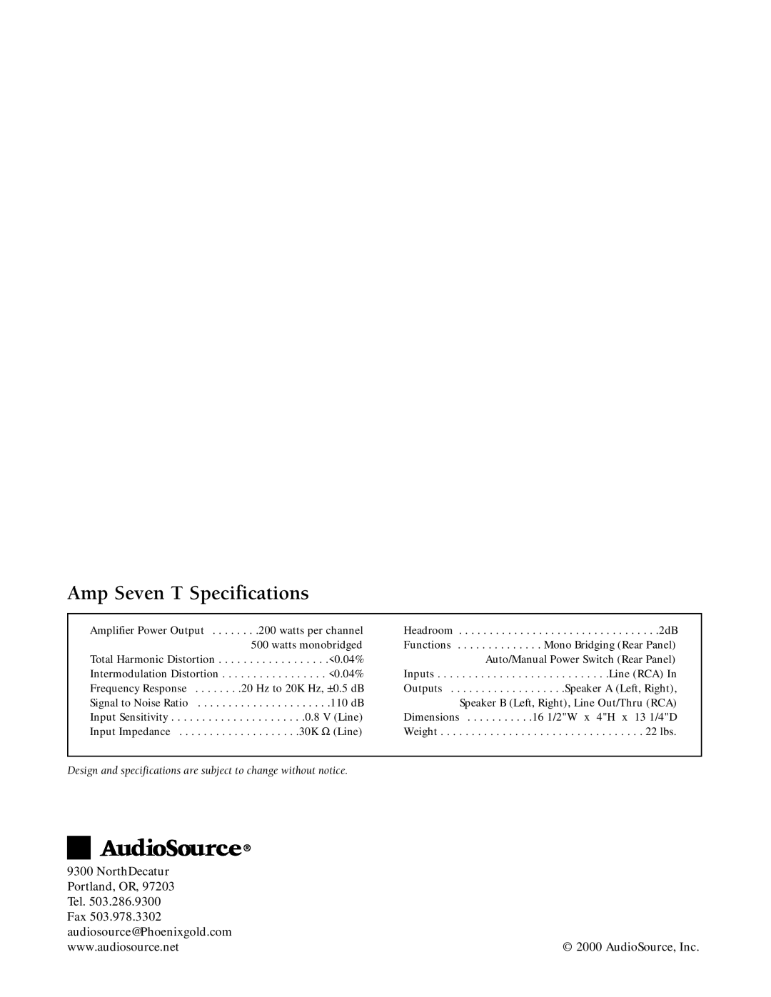 AudioSource owner manual Amp Seven T Specifications 