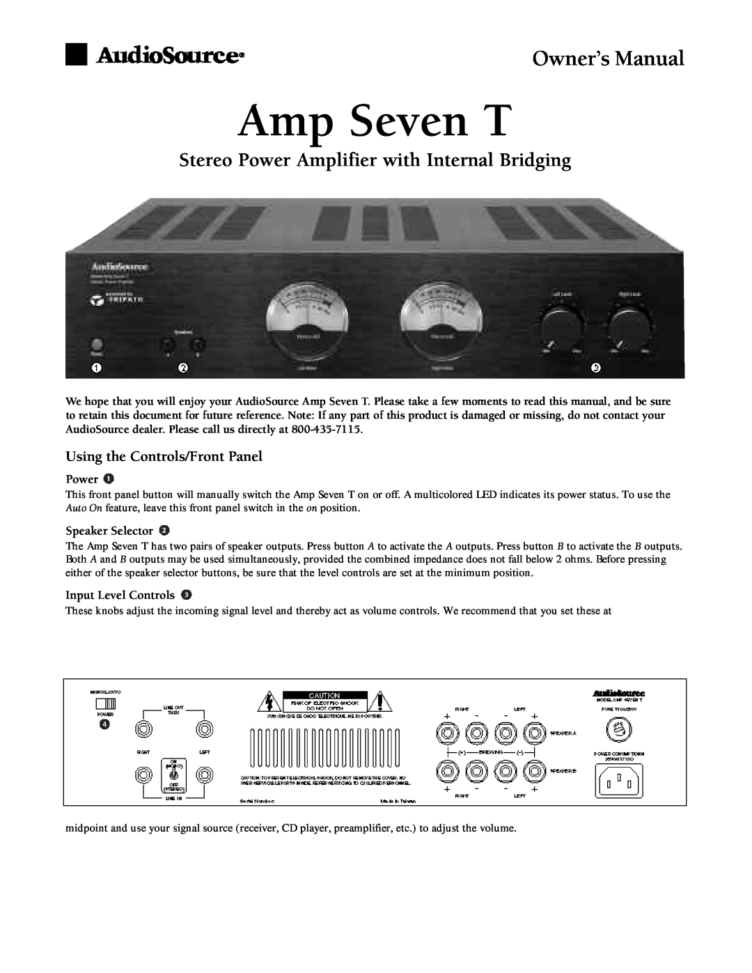 AudioSource Amp Seven T owner manual Stereo Power Amplifier with Internal Bridging, Using the Controls/Front Panel 