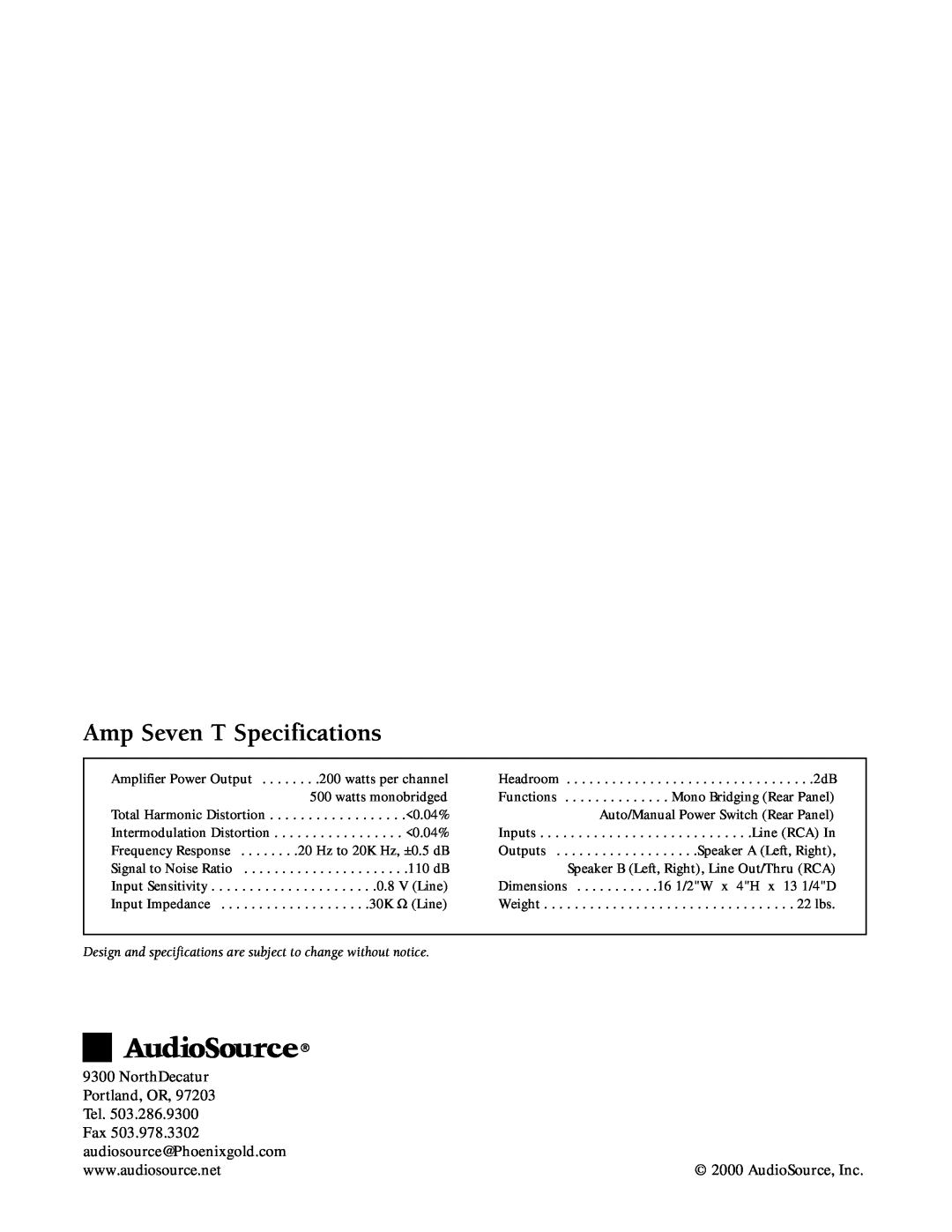AudioSource owner manual Amp Seven T Specifications, NorthDecatur, Portland, OR, Tel, AudioSource, Inc 