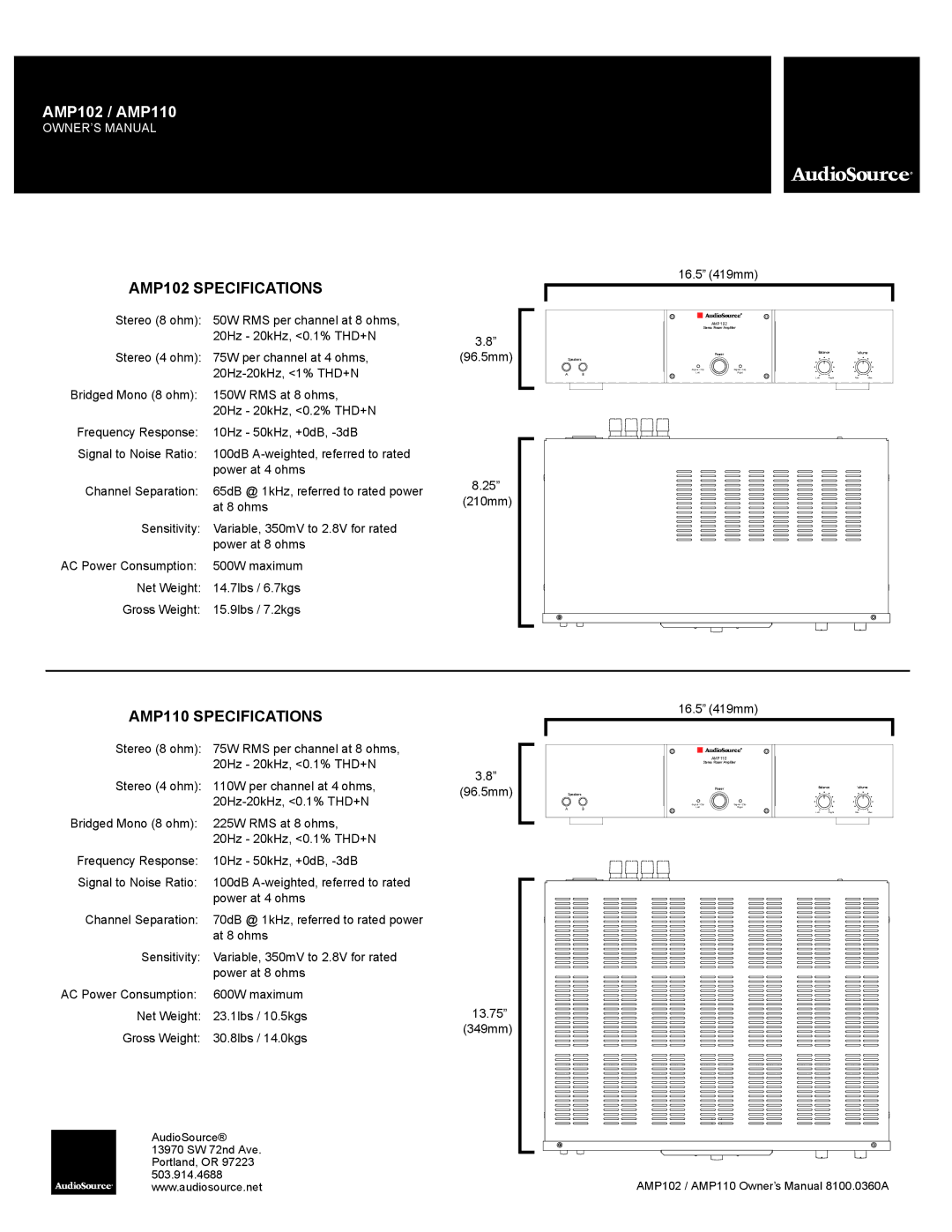 AudioSource AMP110, Home Audio Multi-Zone Power Amplier owner manual AMP102 Specifications 