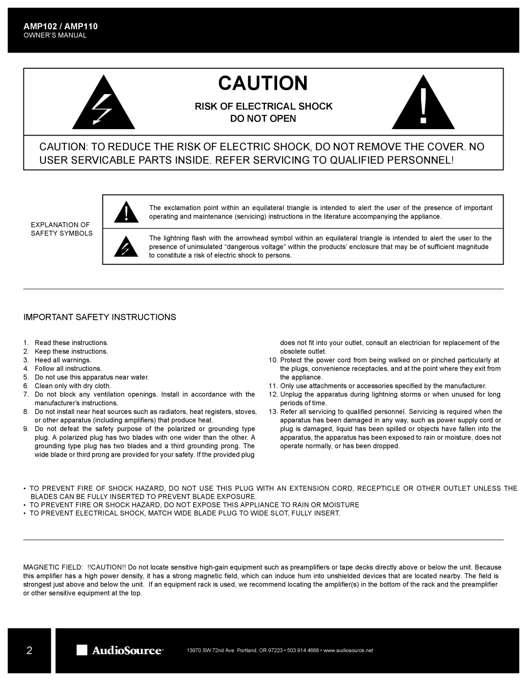 AudioSource Home Audio Multi-Zone Power Amplier Risk of Electrical Shock Do not Open, Explanation of Safety Symbols 